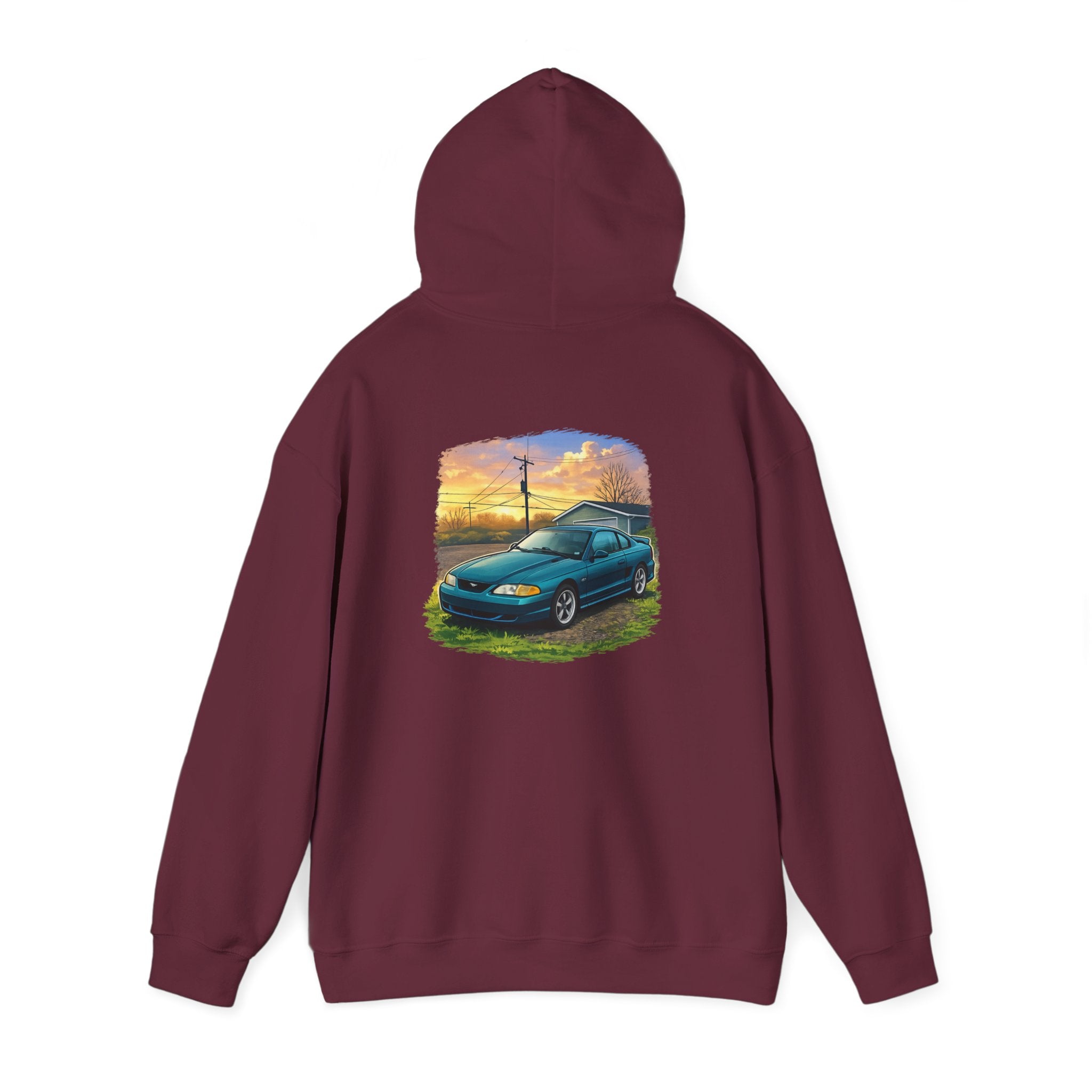 Sunset teal Mustang Hoodie — Vintage Car Sunset Graphic Hooded Sweatshirt