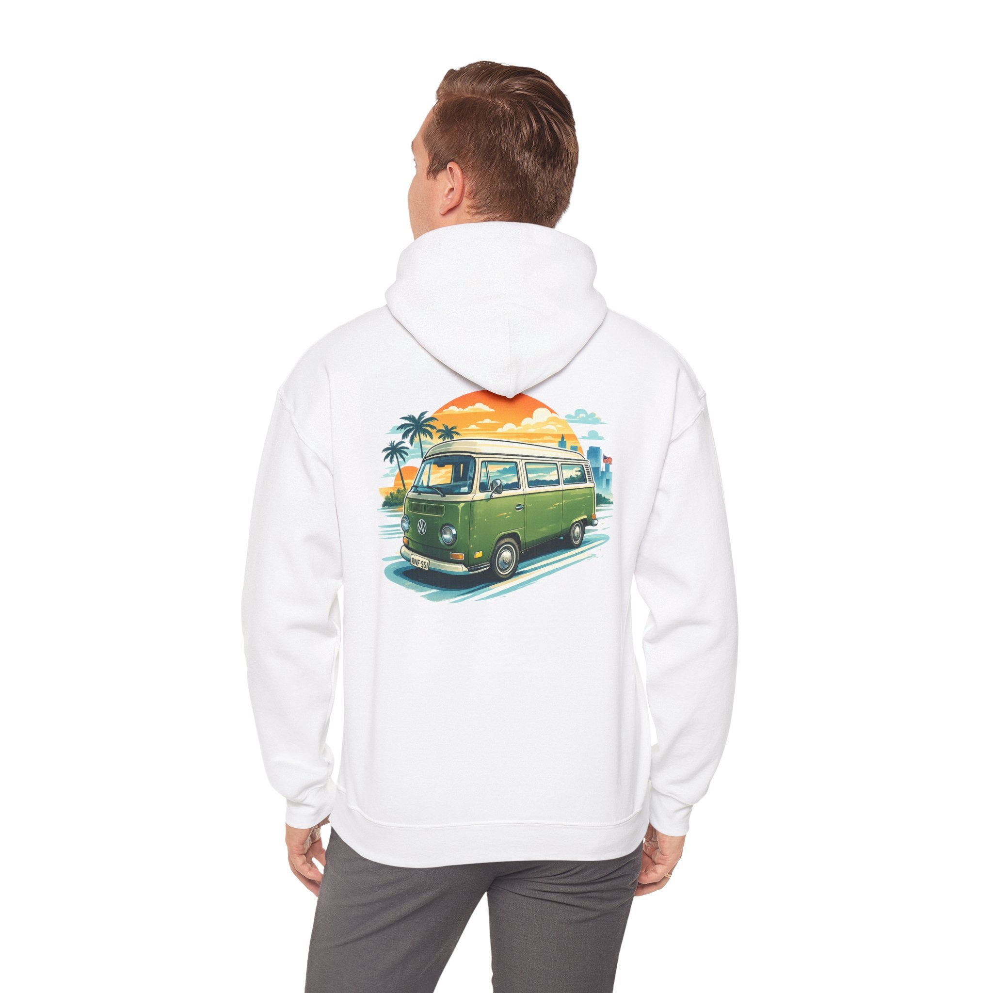 Vintage Green VW Camper Hoodie — Retro Surf Van Sunset Pullover