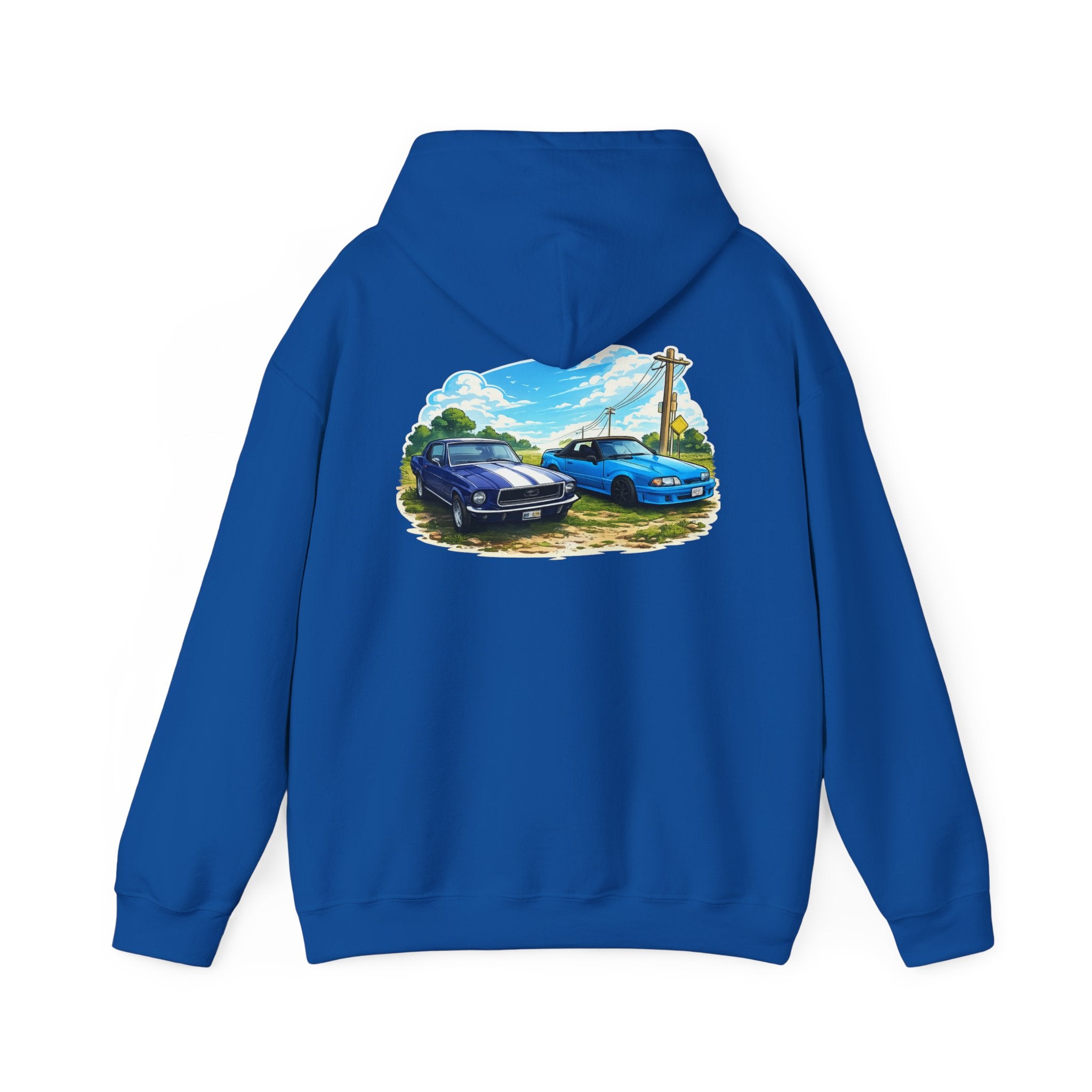 Classic Car Scene Hoodie — Vintage Two Muscle Cars Back Print