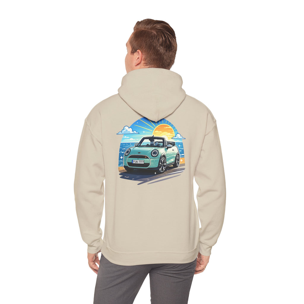 Mini Cooper Beach Sunset Hoodie — Retro Car Graphic Sweatshirt