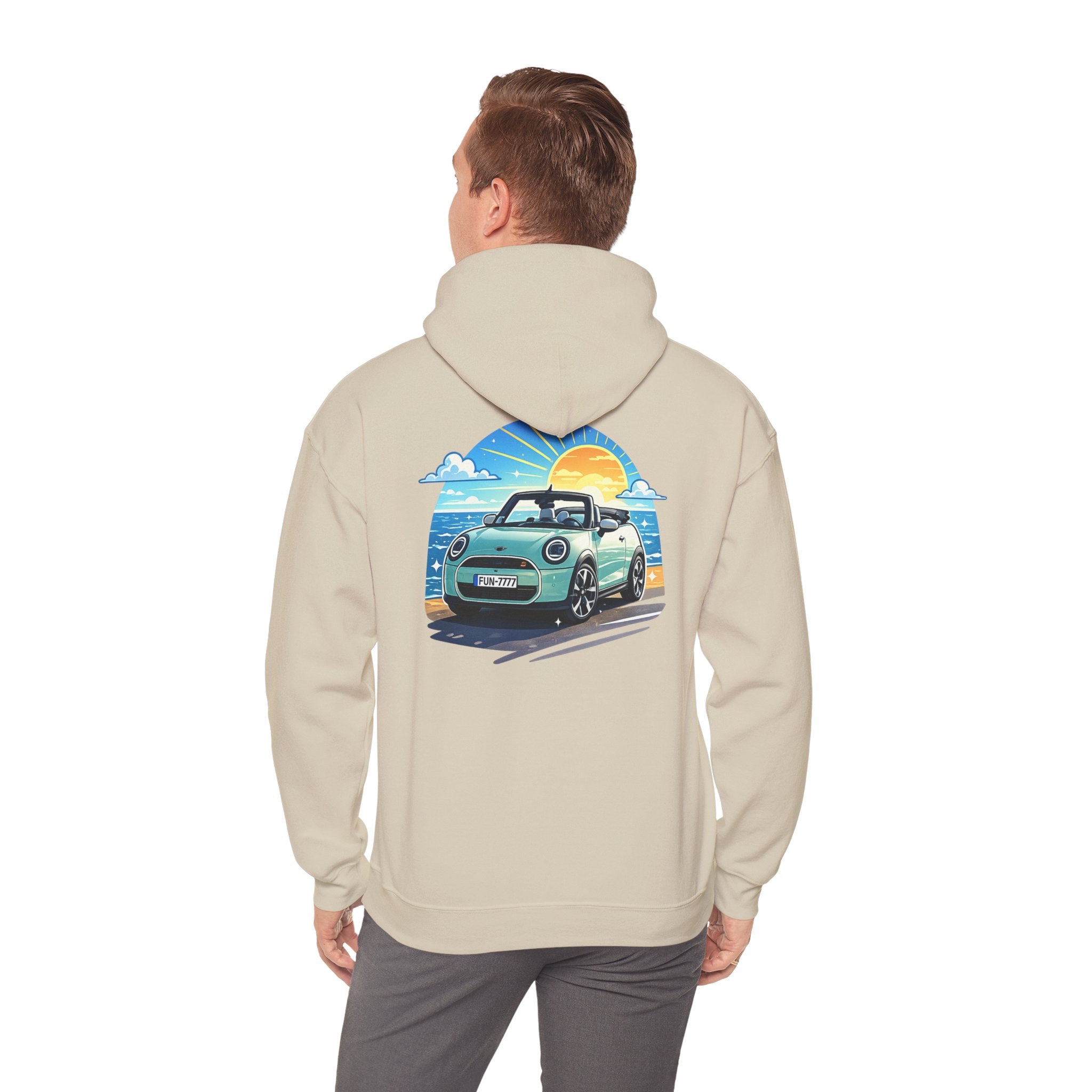 Mini Cooper Beach Sunset Hoodie — Retro Car Graphic Sweatshirt