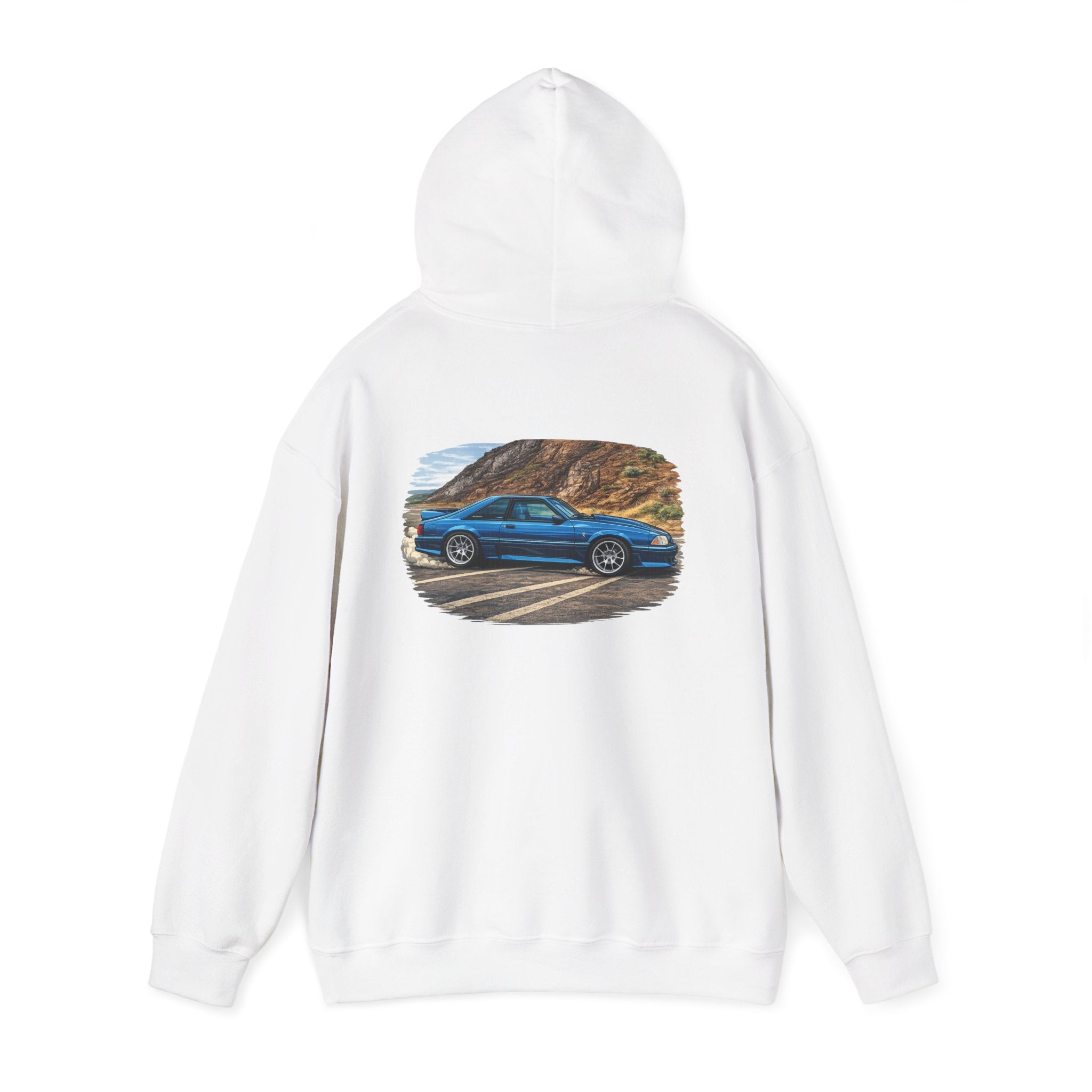 Car Enthusiast Hoodie – Blue Mustang Car Scenic Back Print