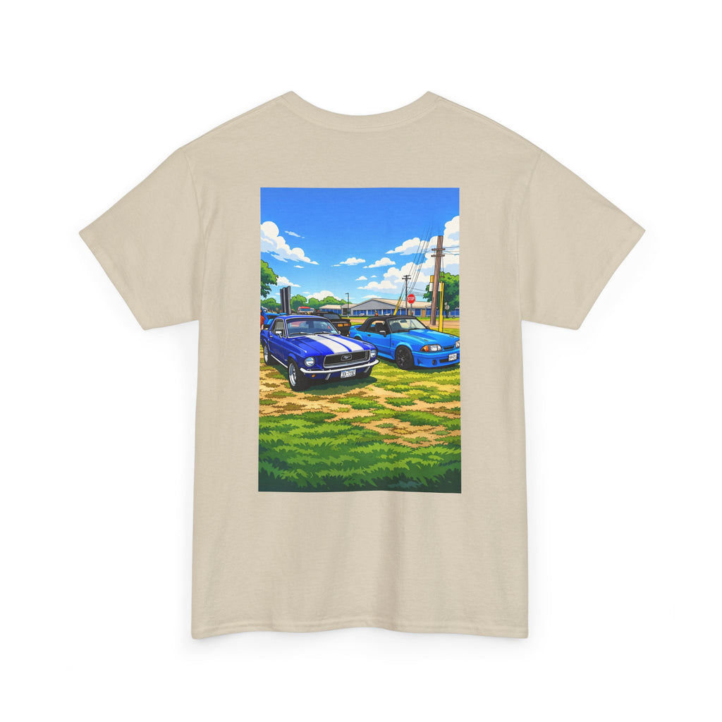 T-Shirt — Vintage Muscle Cars Print Tee (Blue Mustangs Back Graphic)