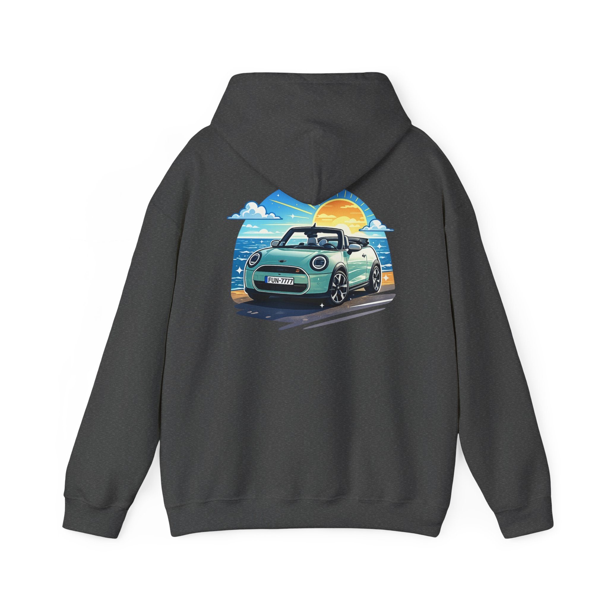 Mini Cooper Beach Sunset Hoodie — Retro Car Graphic Sweatshirt