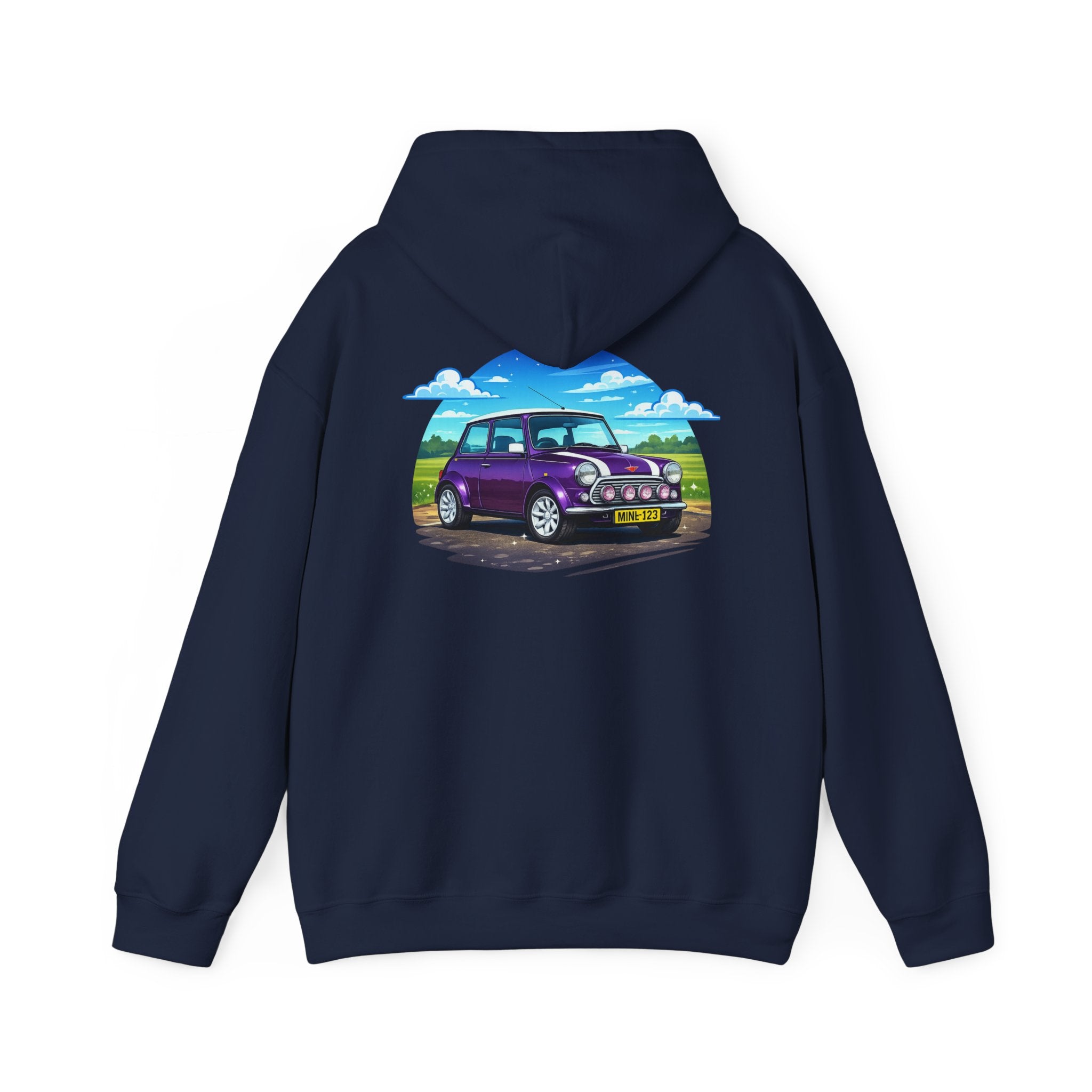 Classic Mini Cooper Hoodie — Retro Purple Car Graphic Pullover