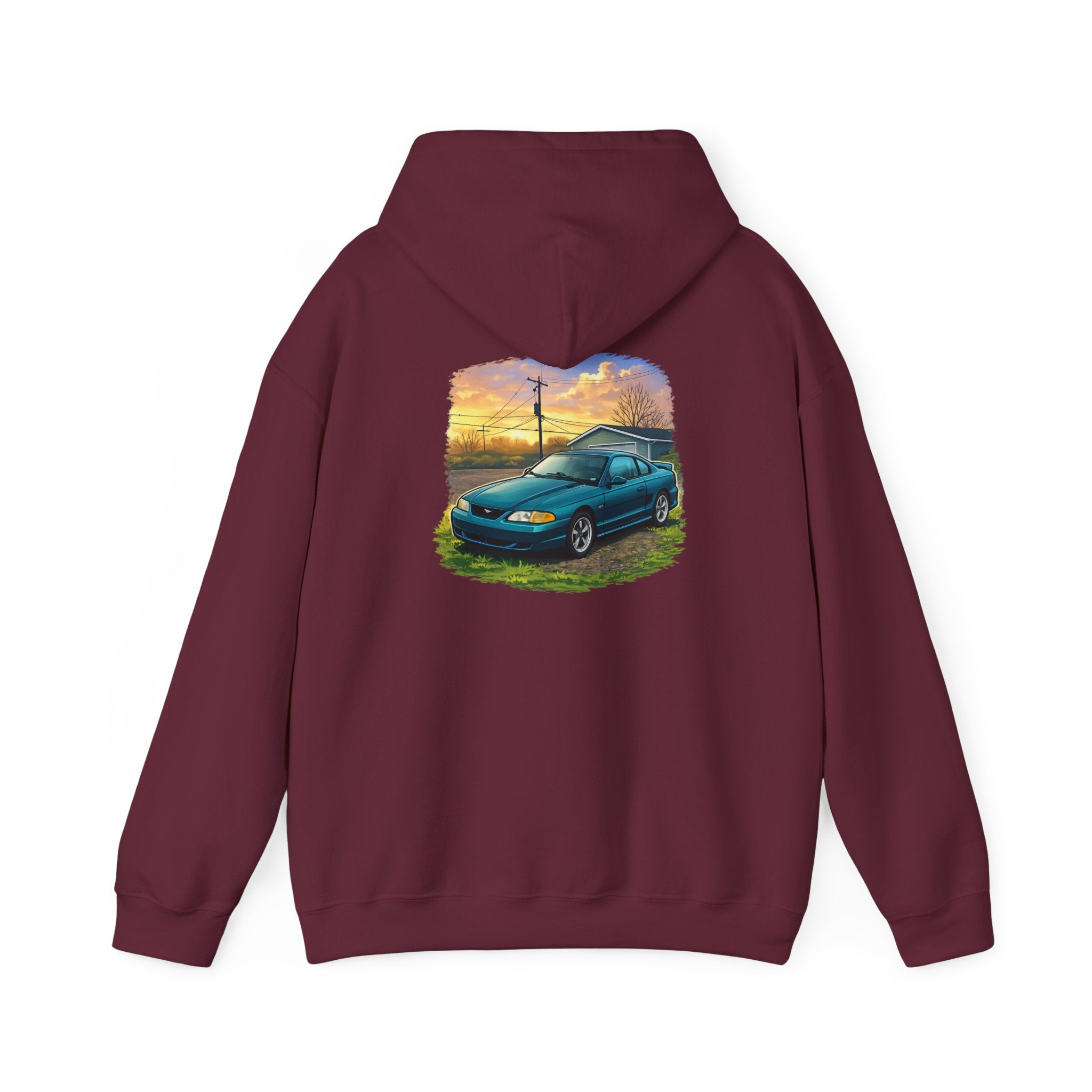 Sunset teal Mustang Hoodie — Vintage Car Sunset Graphic Hooded Sweatshirt