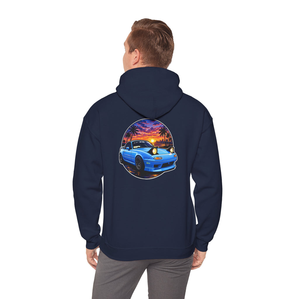 Sunset Skyline Miata Hoodie – Retro Blue Sports Car Graphic Sweatshirt