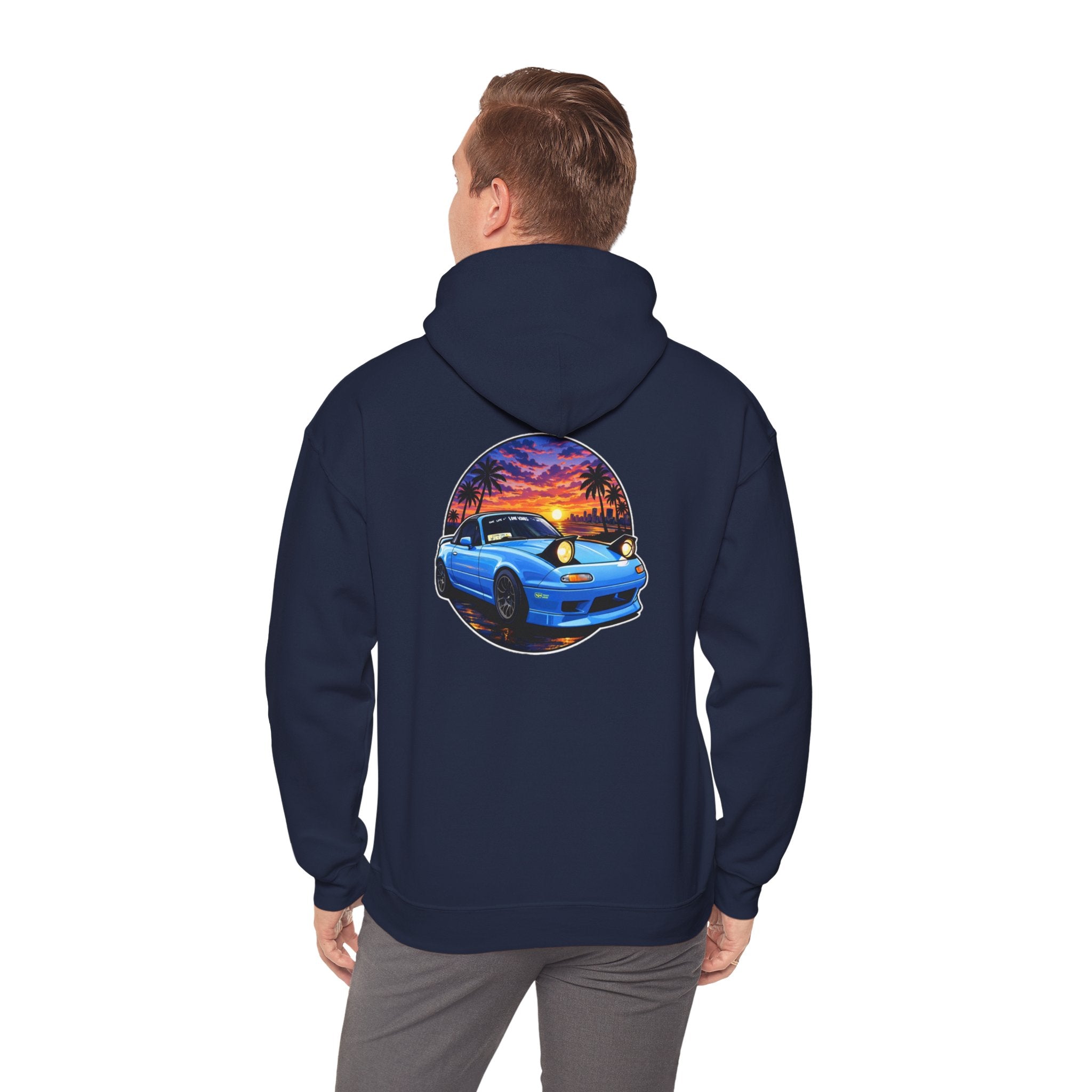 Sunset Skyline Miata Hoodie – Retro Blue Sports Car Graphic Sweatshirt