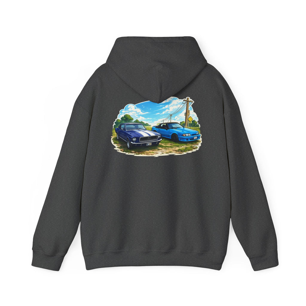 Classic Car Scene Hoodie — Vintage Two Muscle Cars Back Print
