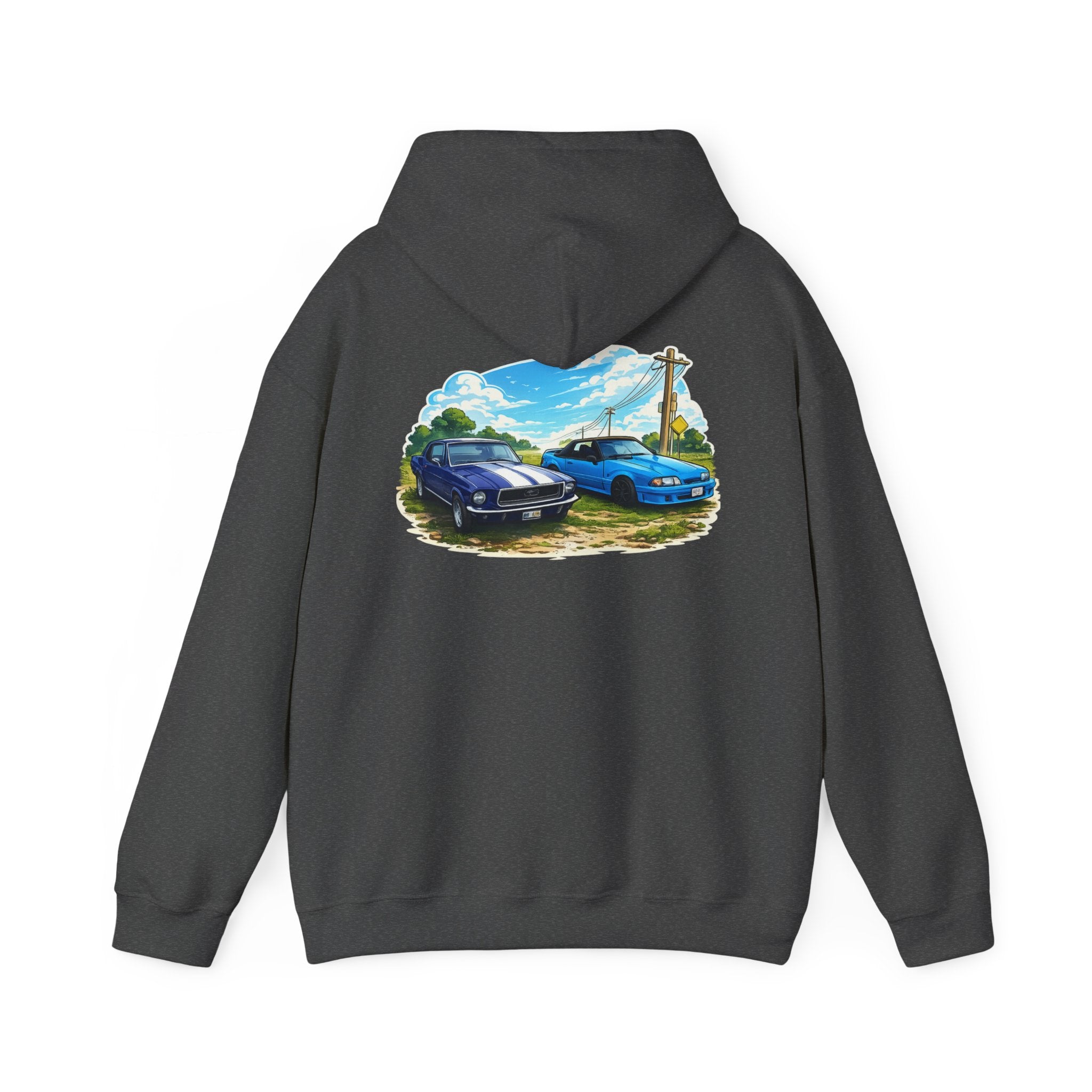 Classic Car Scene Hoodie — Vintage Two Muscle Cars Back Print