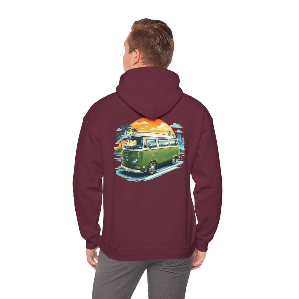 Vintage Green VW Camper Hoodie — Retro Surf Van Sunset Pullover