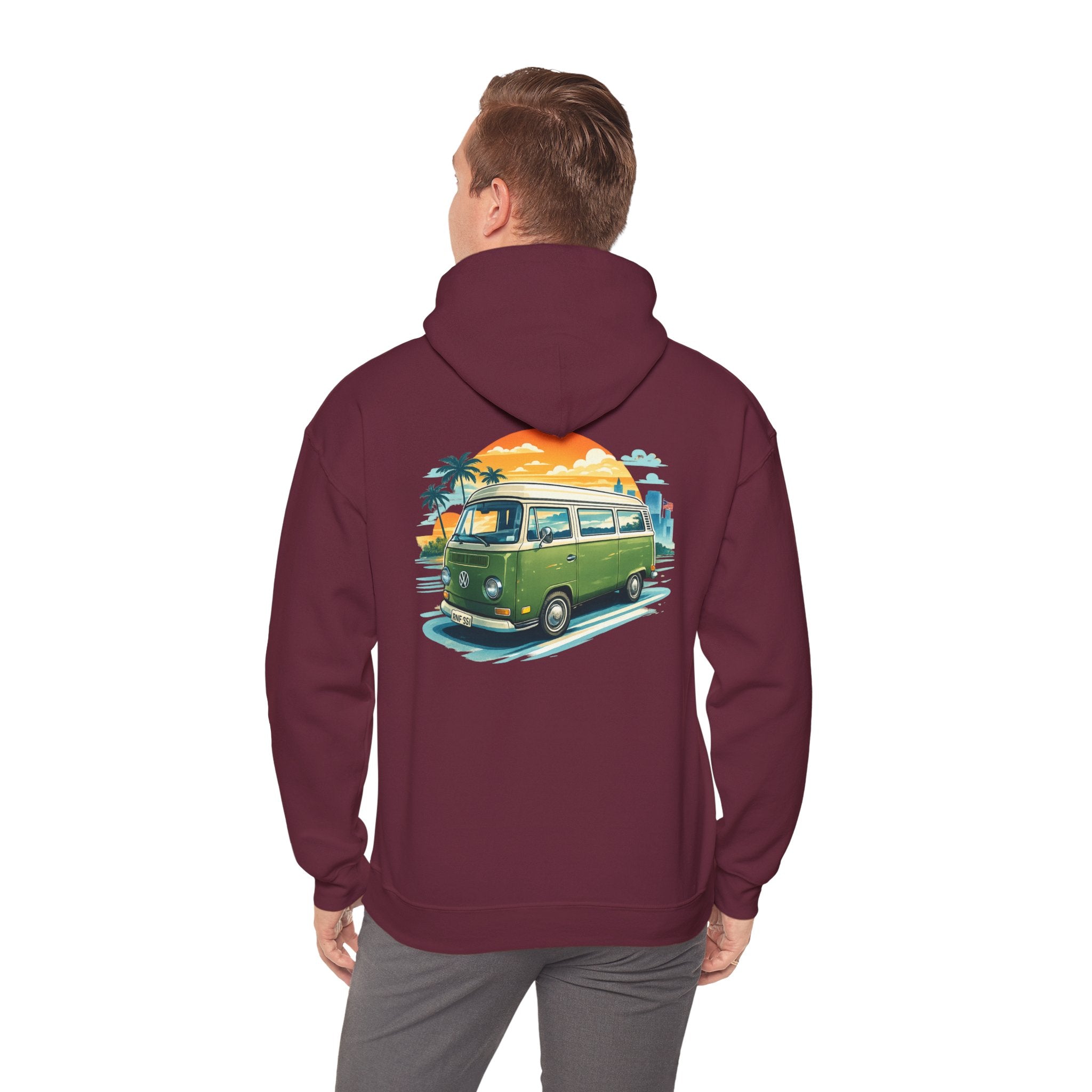 Vintage Green VW Camper Hoodie — Retro Surf Van Sunset Pullover
