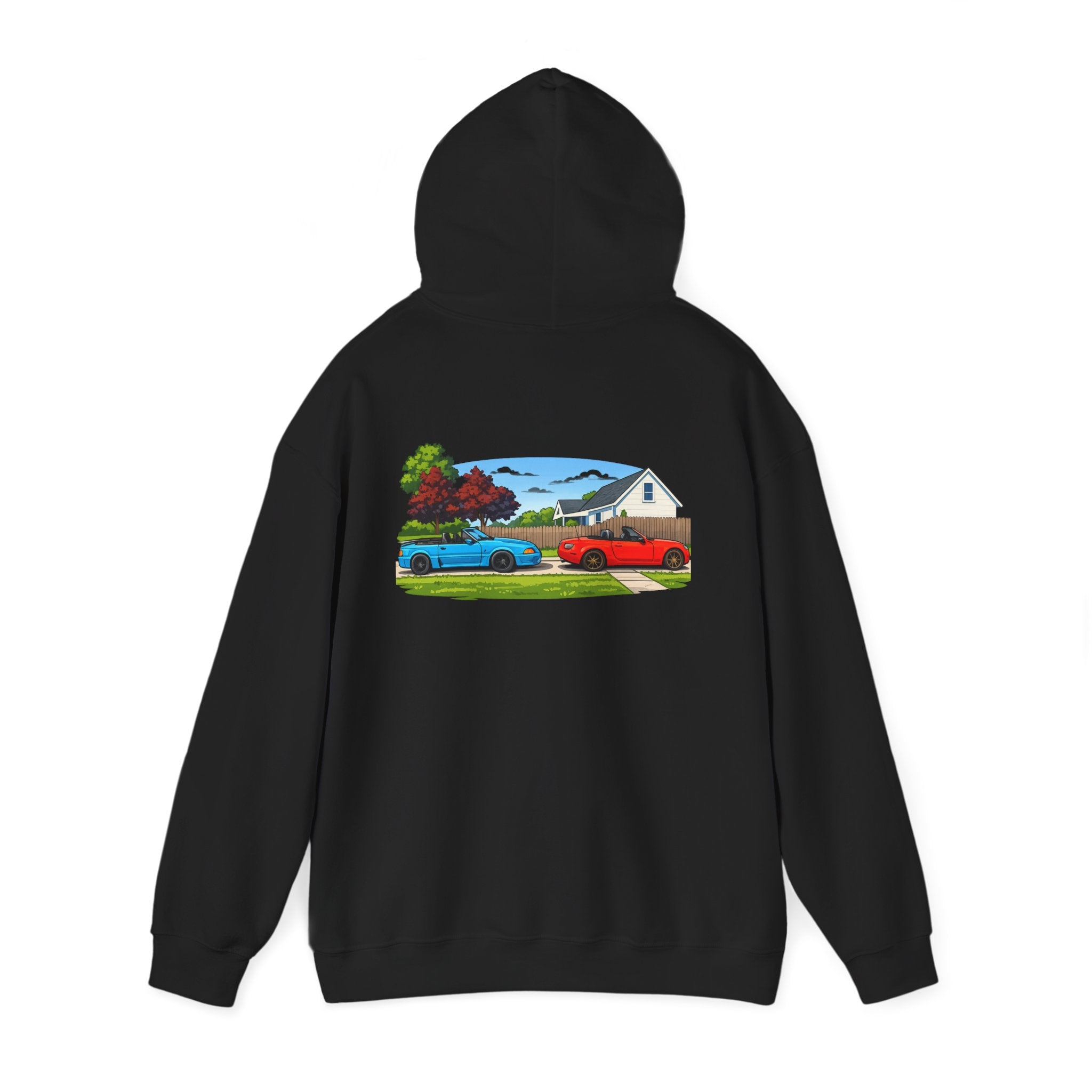 Classic sports cars Hoodie — Vintage Red & Blue Trucks Home Scene