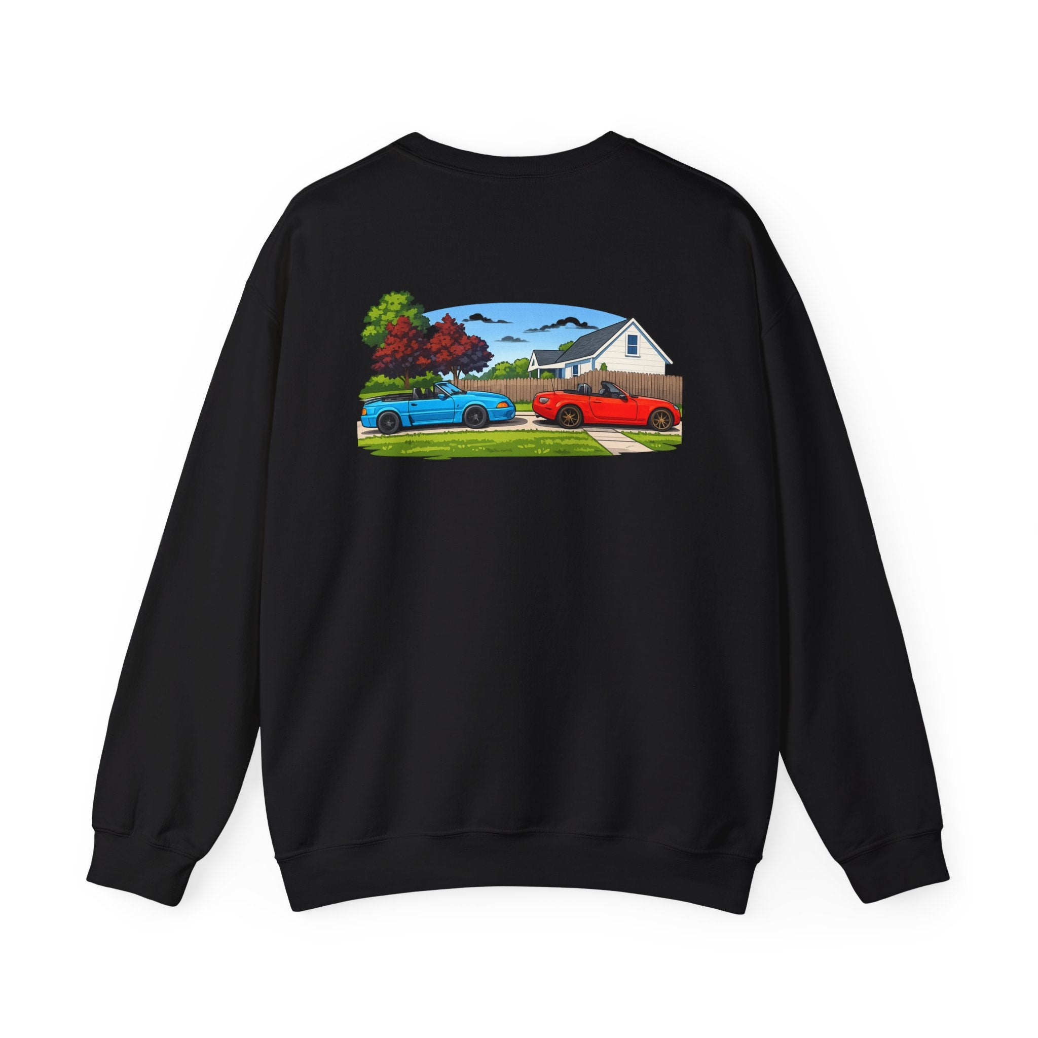 Car Meet Crewneck Sweatshirt — Vintage Muscle Cars Backyard Scene