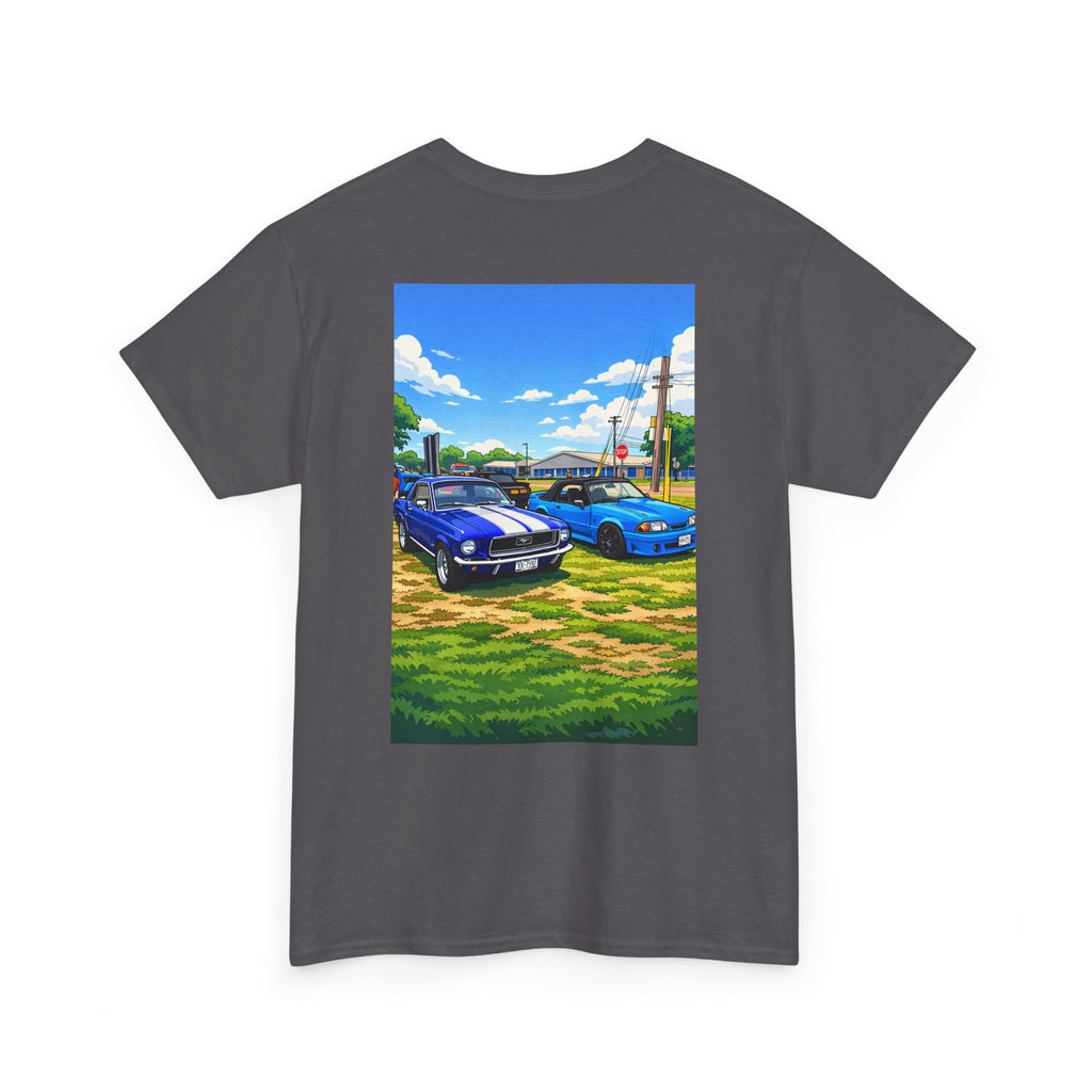 T-Shirt — Vintage Muscle Cars Print Tee (Blue Mustangs Back Graphic)