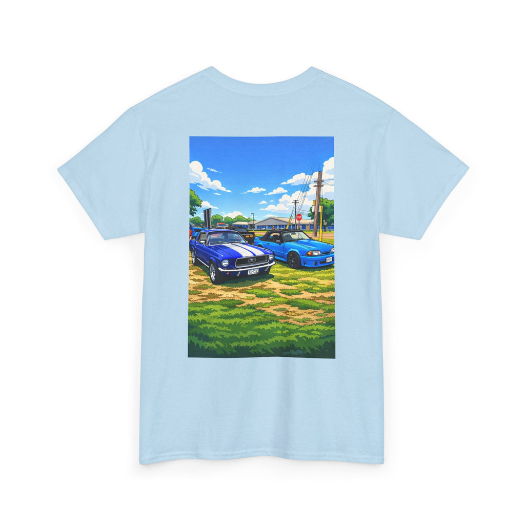 T-Shirt — Vintage Muscle Cars Print Tee (Blue Mustangs Back Graphic)