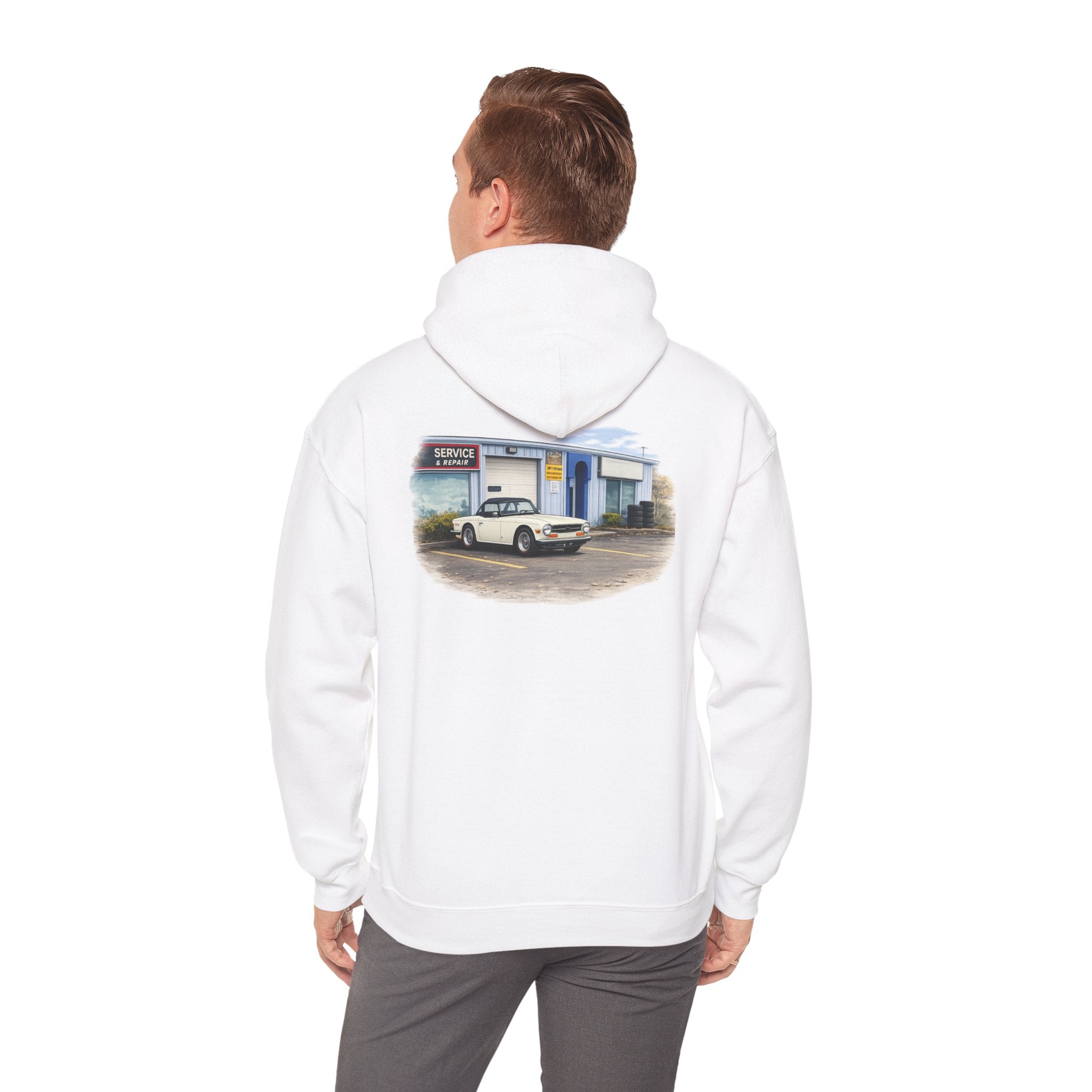 Classic Vintage Car Hooded Sweatshirt – Retro Service Station Graphic Hoodie