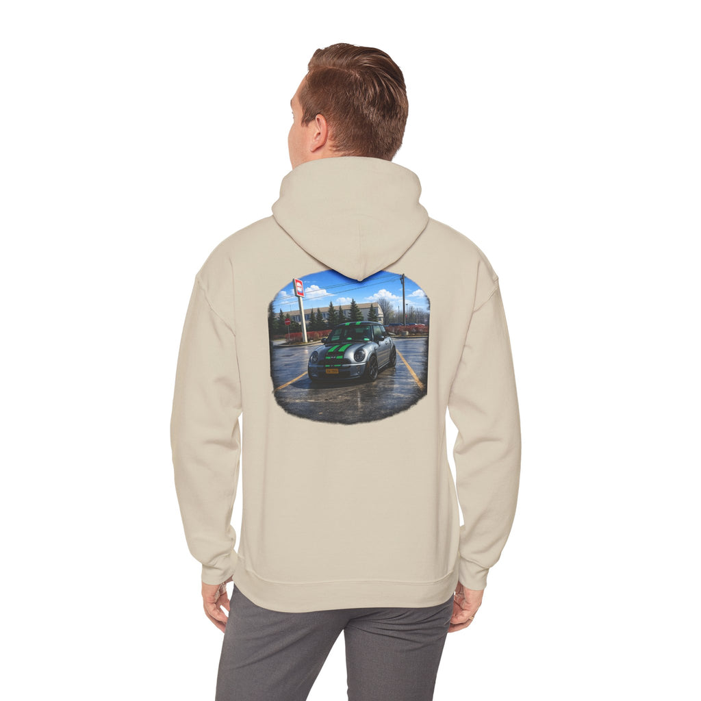 Car Enthusiast Hoodie — Mini Cooper Rainy Parking Print