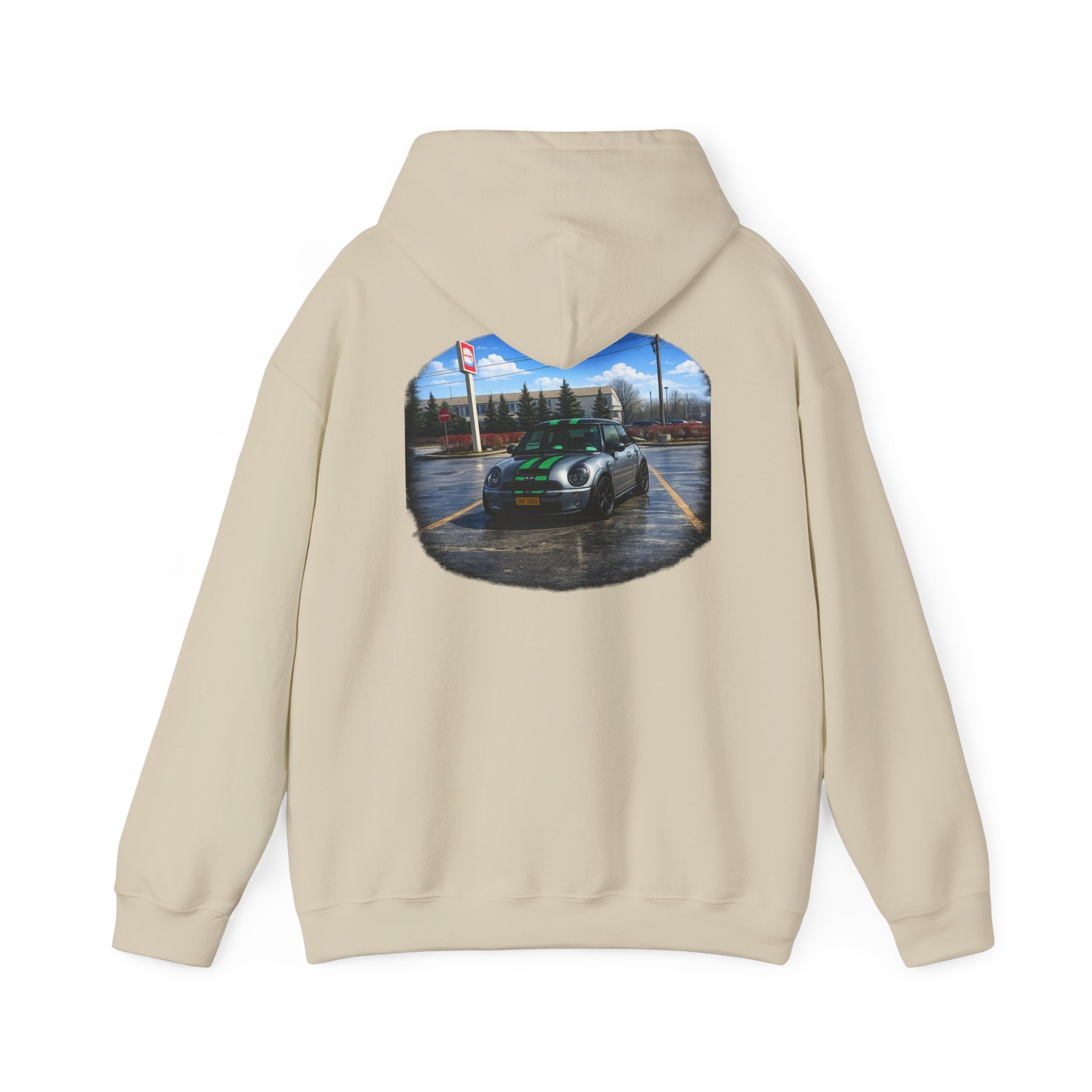 Car Enthusiast Hoodie — Mini Cooper Rainy Parking Print