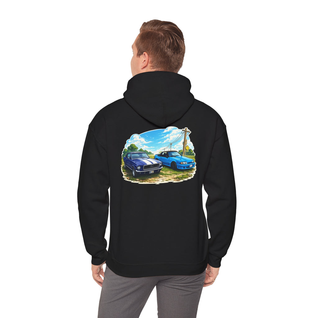 Classic Car Scene Hoodie — Vintage Two Muscle Cars Back Print