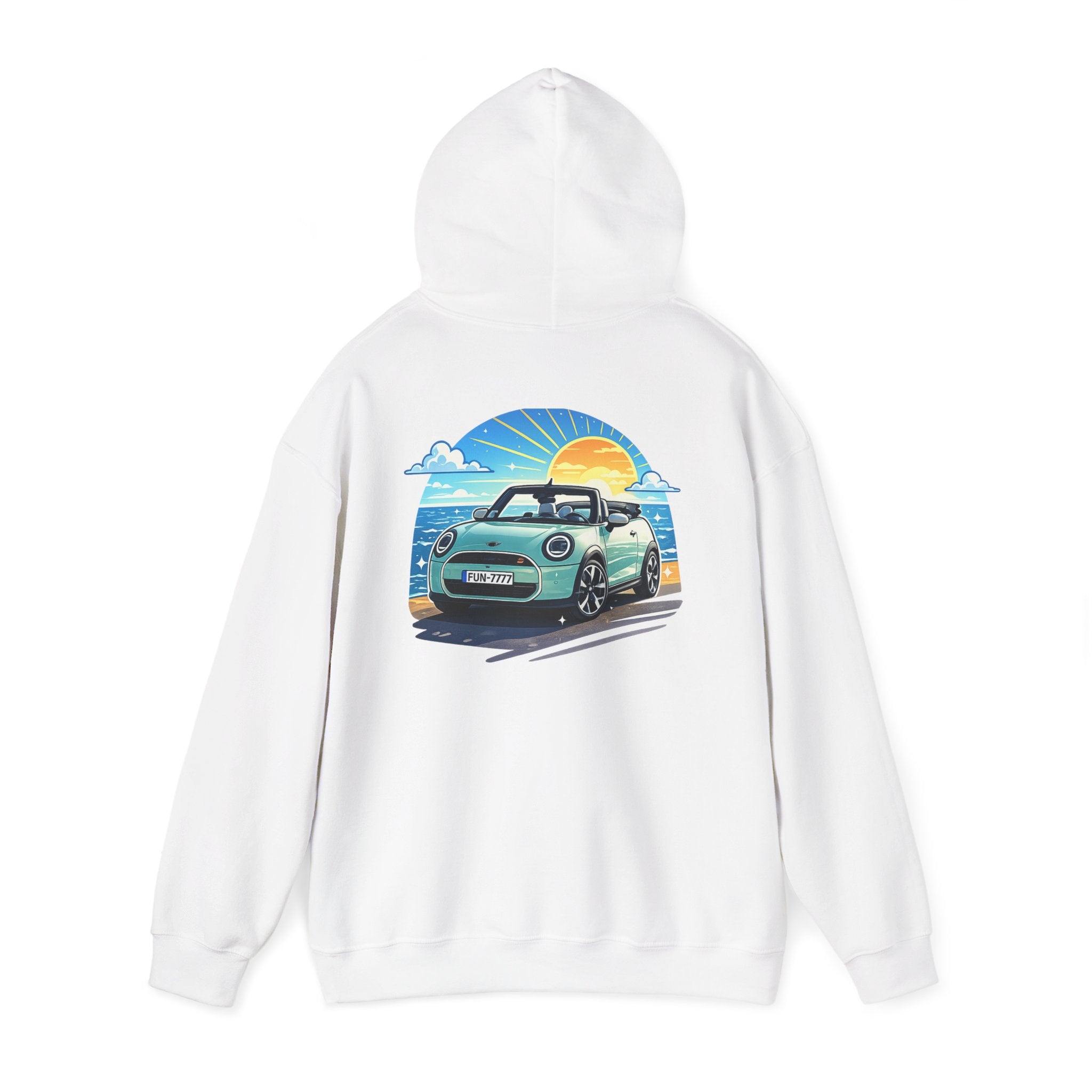 Mini Cooper Beach Sunset Hoodie — Retro Car Graphic Sweatshirt