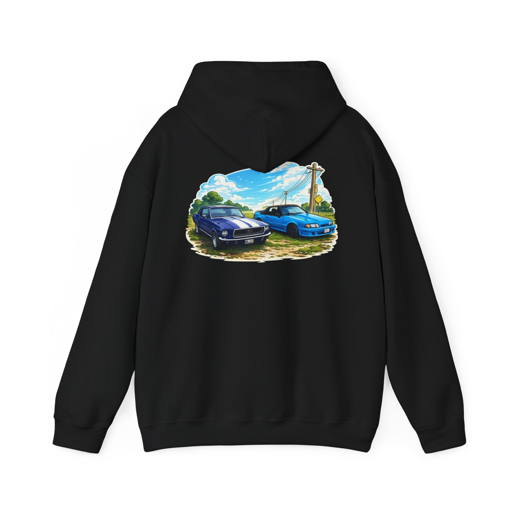 Classic Car Scene Hoodie — Vintage Two Muscle Cars Back Print