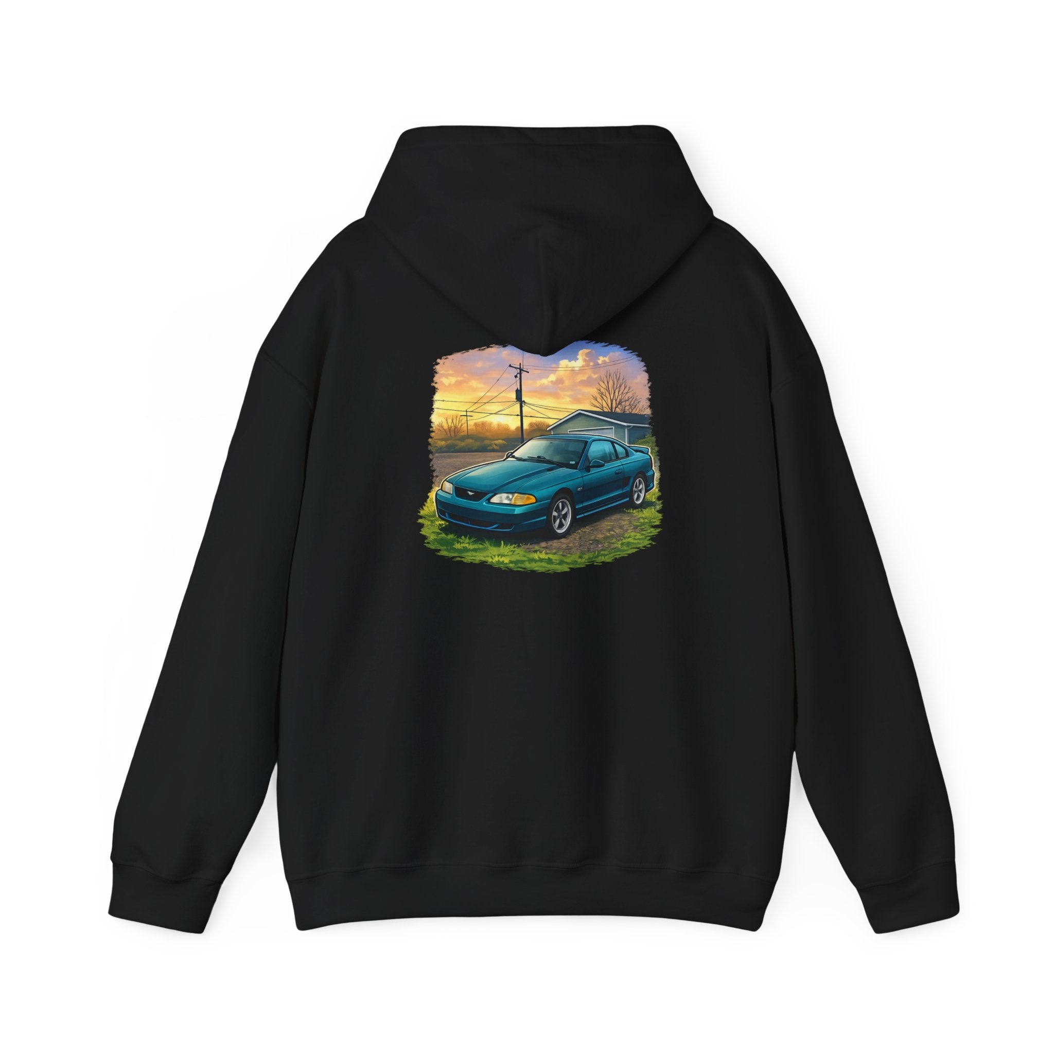 Sunset teal Mustang Hoodie — Vintage Car Sunset Graphic Hooded Sweatshirt