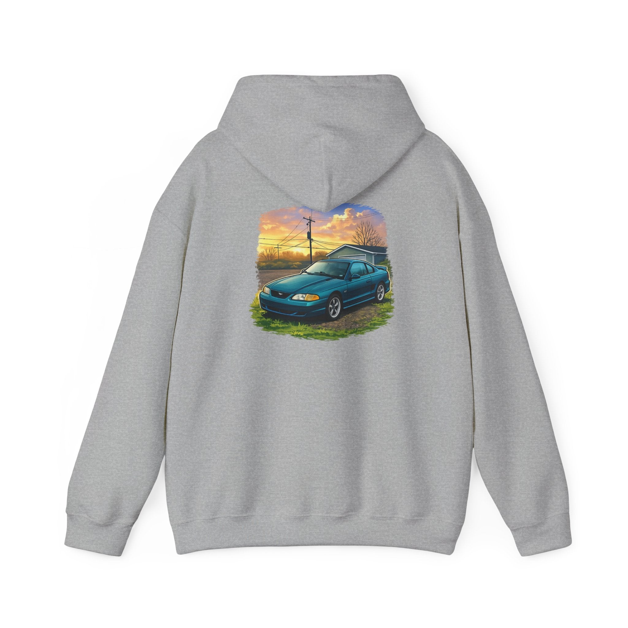 Sunset teal Mustang Hoodie — Vintage Car Sunset Graphic Hooded Sweatshirt
