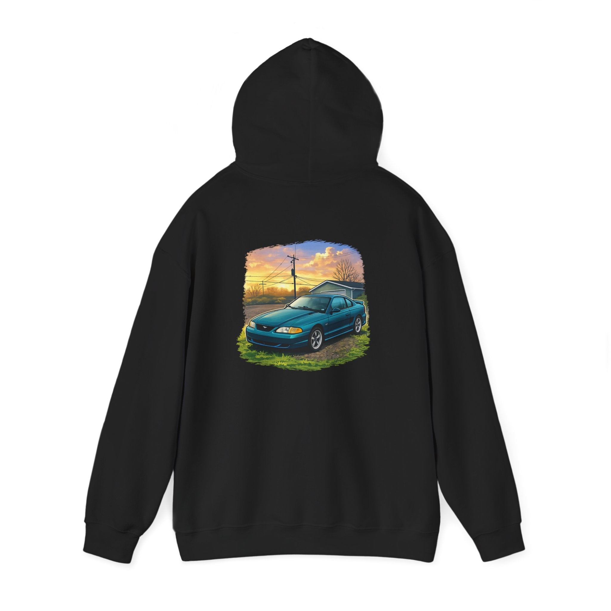 Sunset teal Mustang Hoodie — Vintage Car Sunset Graphic Hooded Sweatshirt