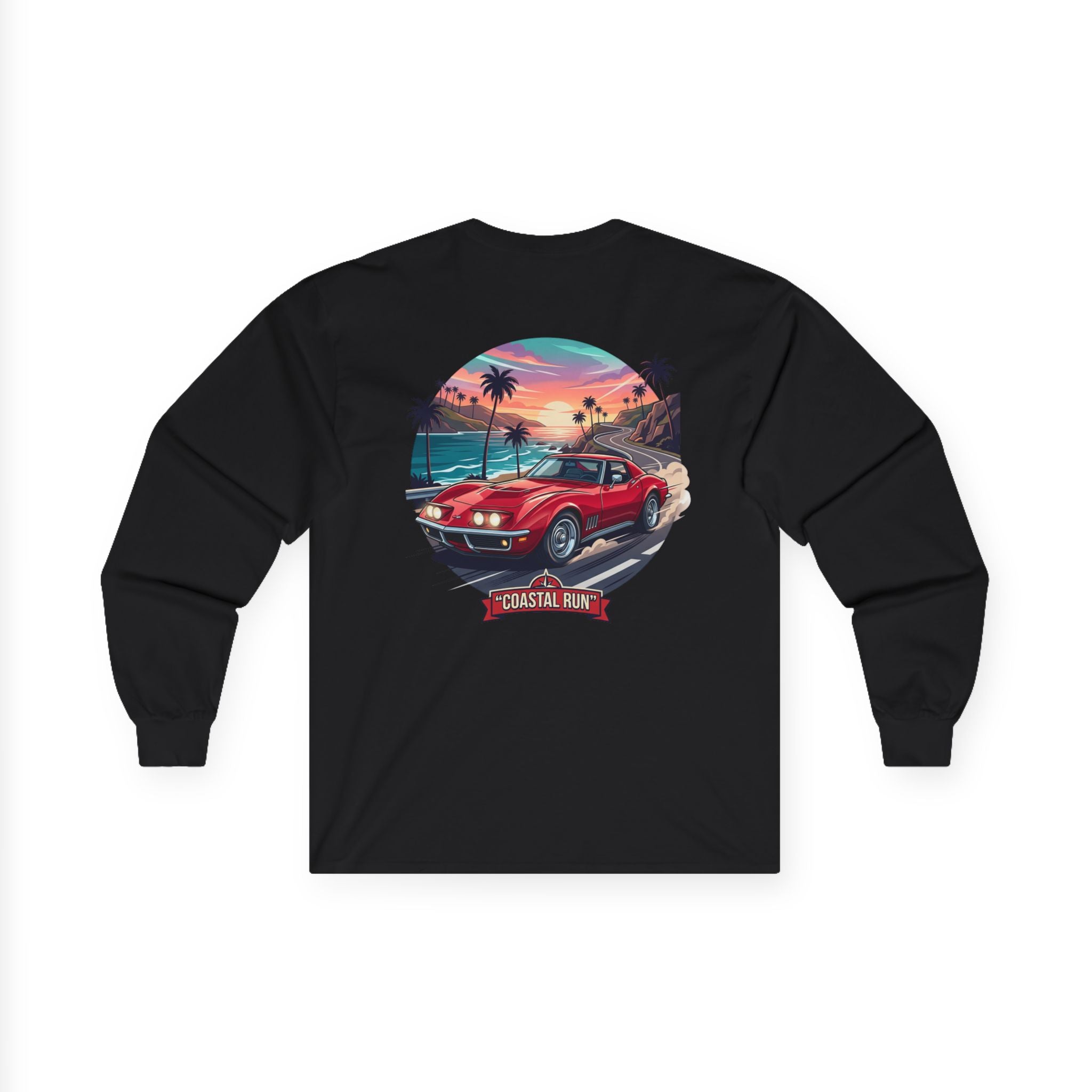 Vintage Muscle Car Long Sleeve Tee — 'Coastal Run' Retro Sunset Graphic