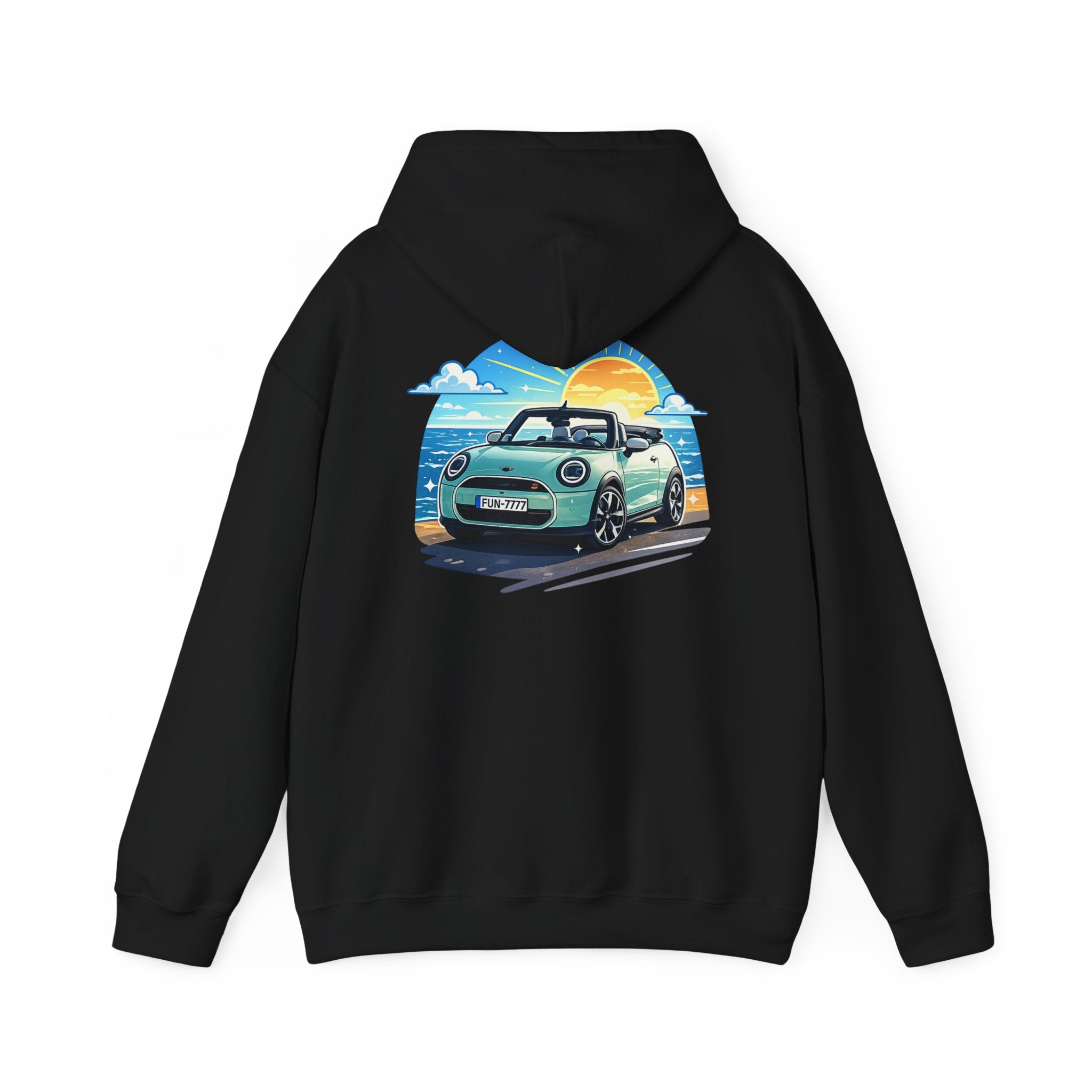 Mini Cooper Beach Sunset Hoodie — Retro Car Graphic Sweatshirt