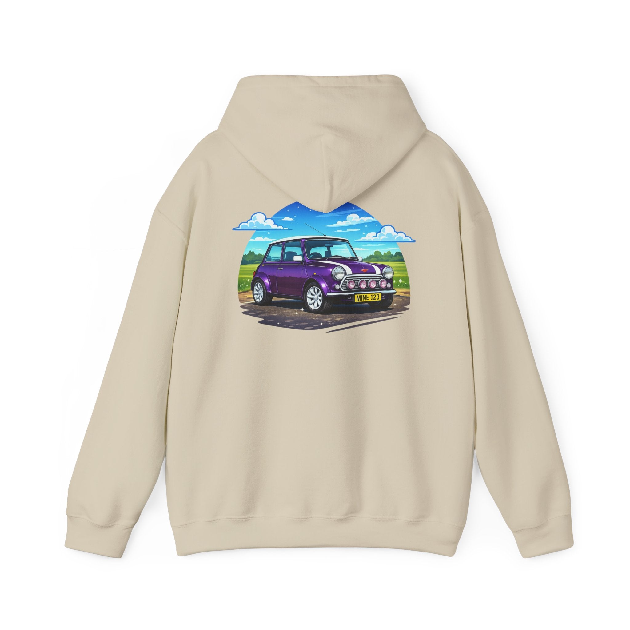 Classic Mini Cooper Hoodie — Retro Purple Car Graphic Pullover