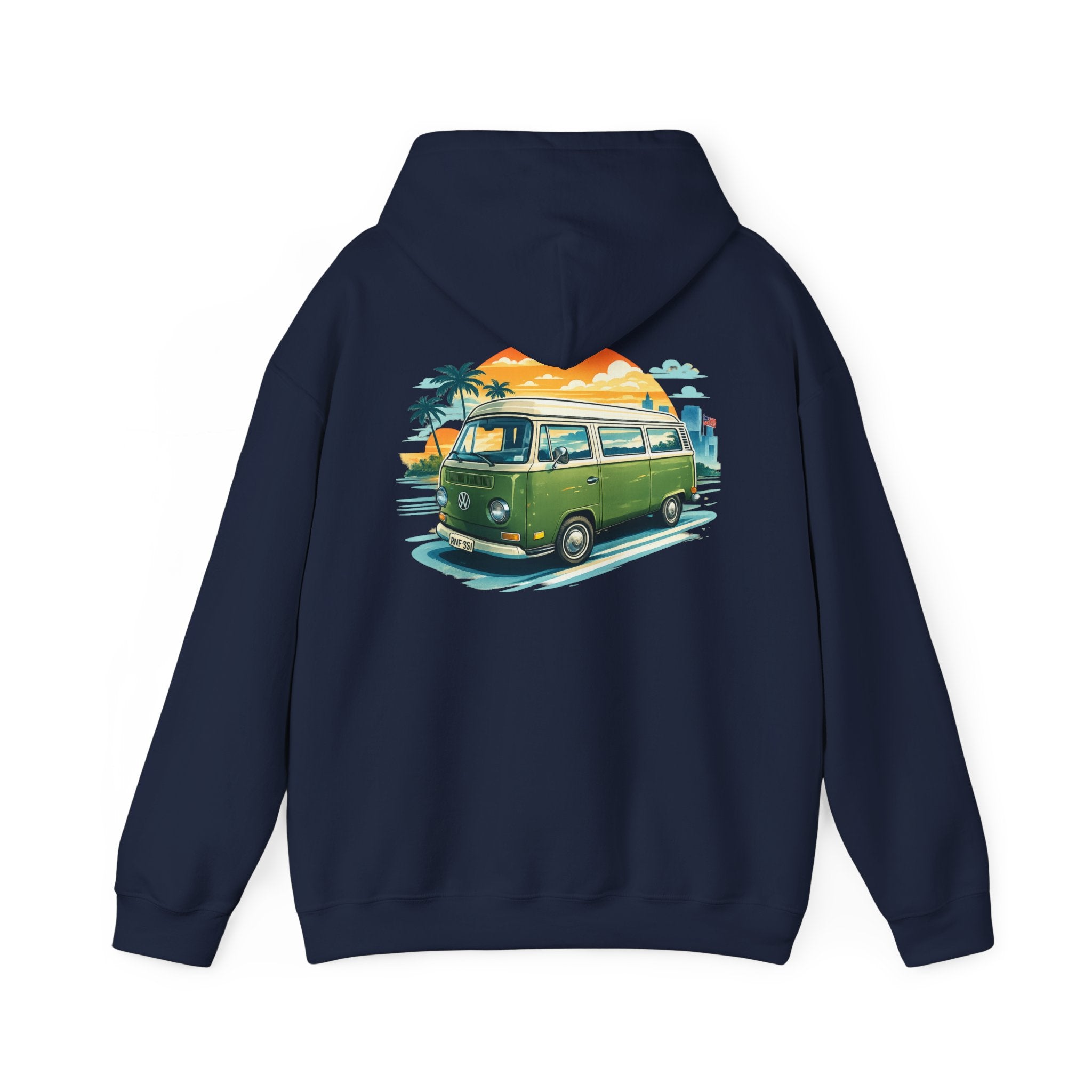 Vintage Green VW Camper Hoodie — Retro Surf Van Sunset Pullover