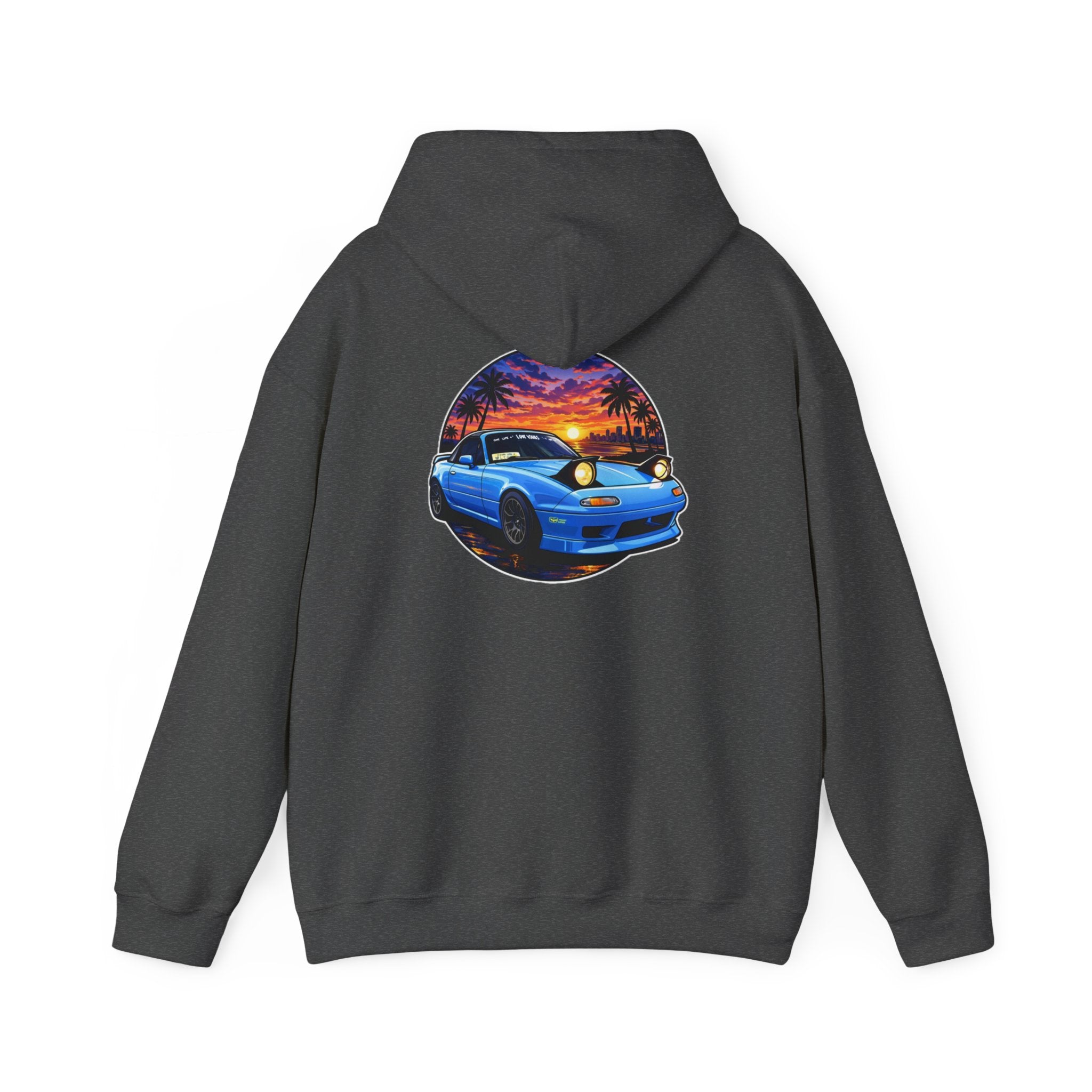 Sunset Skyline Miata Hoodie – Retro Blue Sports Car Graphic Sweatshirt