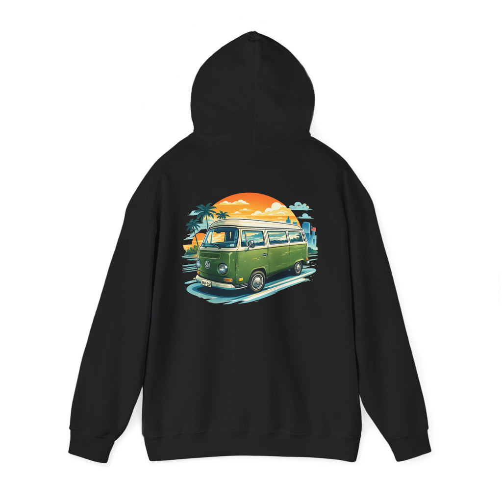Vintage Green VW Camper Hoodie — Retro Surf Van Sunset Pullover