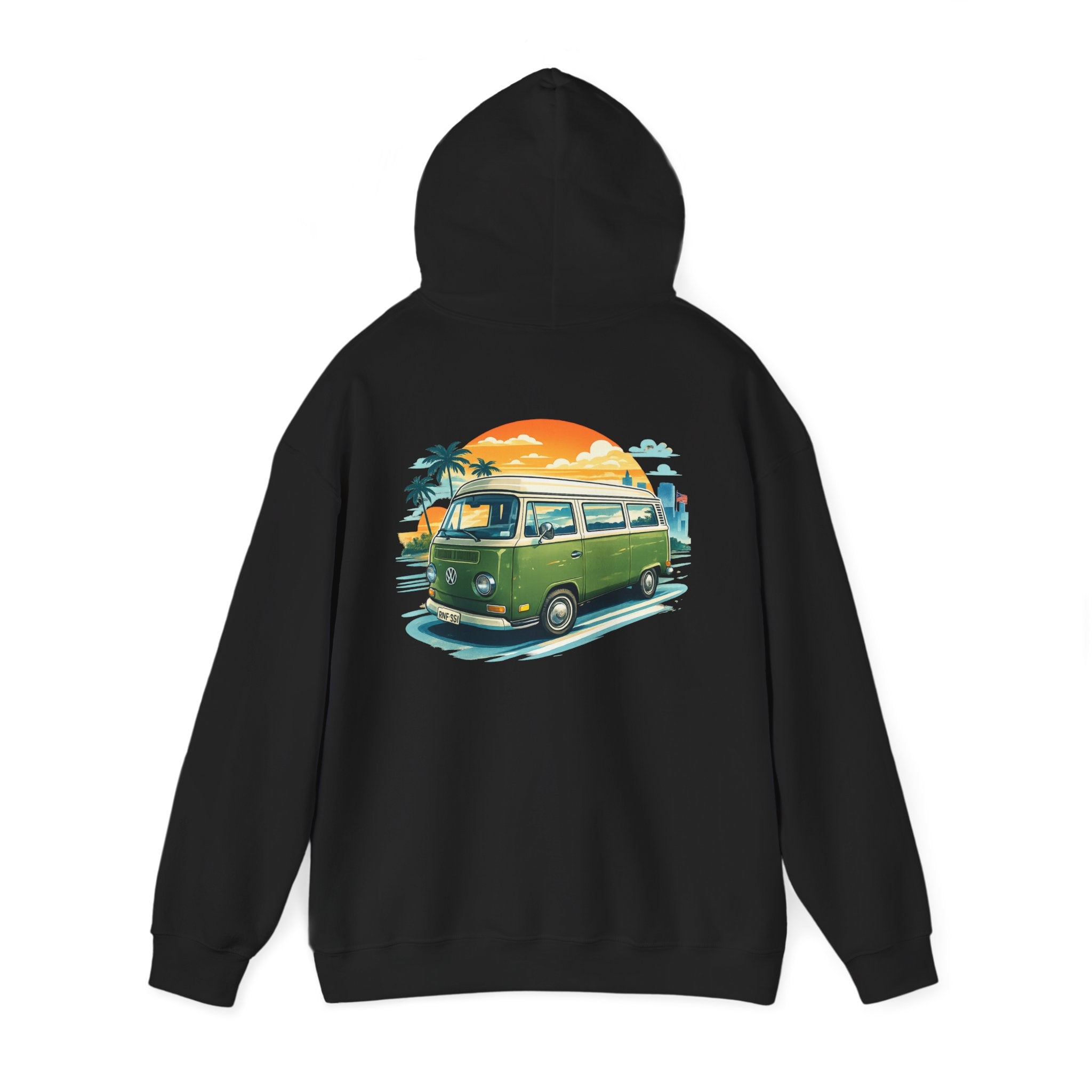 Vintage Green VW Camper Hoodie — Retro Surf Van Sunset Pullover