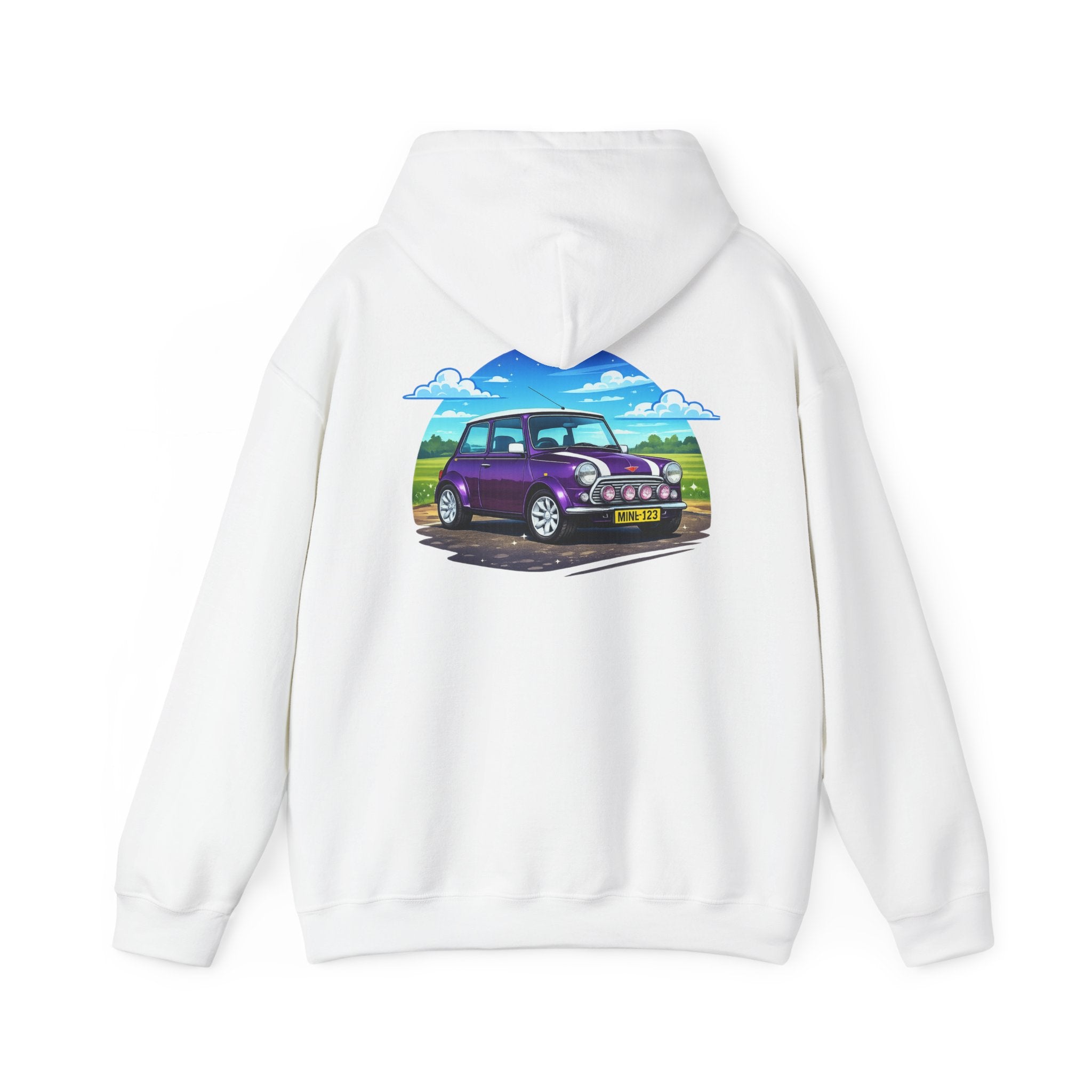 Classic Mini Cooper Hoodie — Retro Purple Car Graphic Pullover