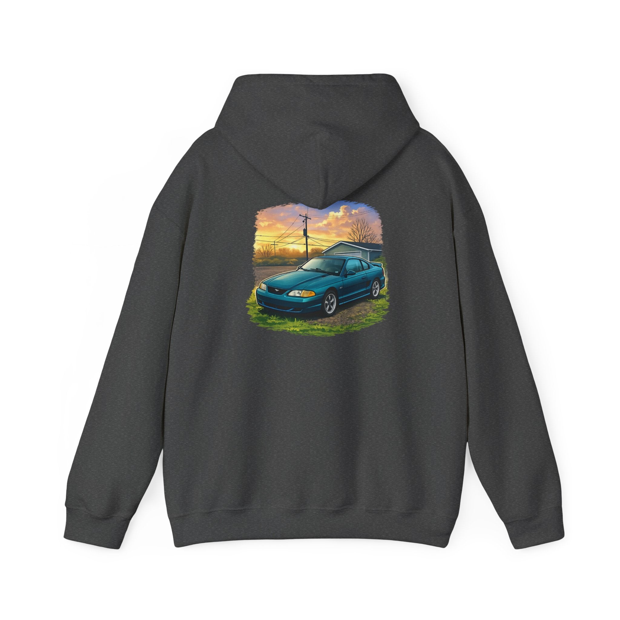 Sunset teal Mustang Hoodie — Vintage Car Sunset Graphic Hooded Sweatshirt