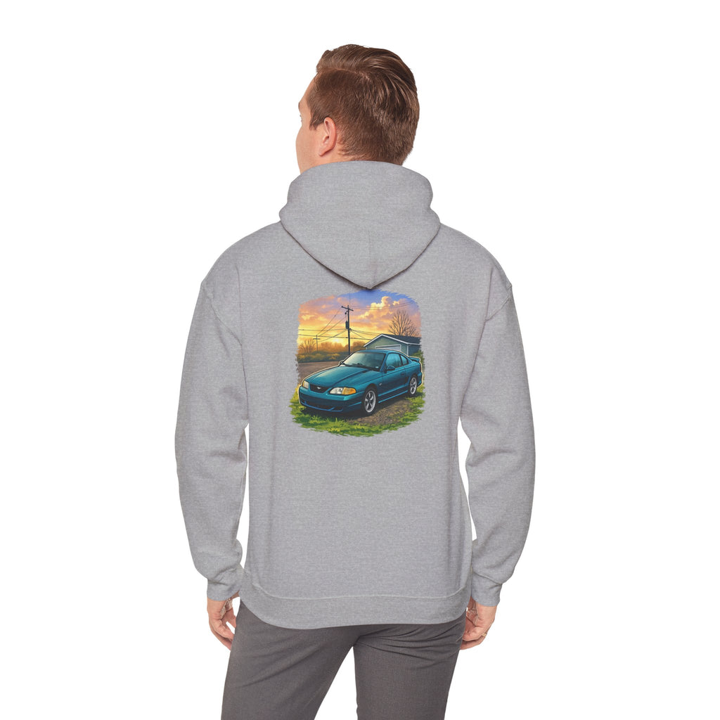 Sunset teal Mustang Hoodie — Vintage Car Sunset Graphic Hooded Sweatshirt