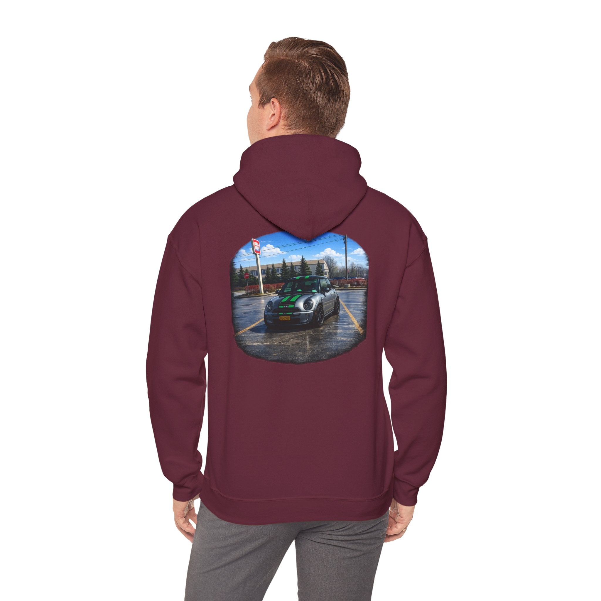 Car Enthusiast Hoodie — Mini Cooper Rainy Parking Print