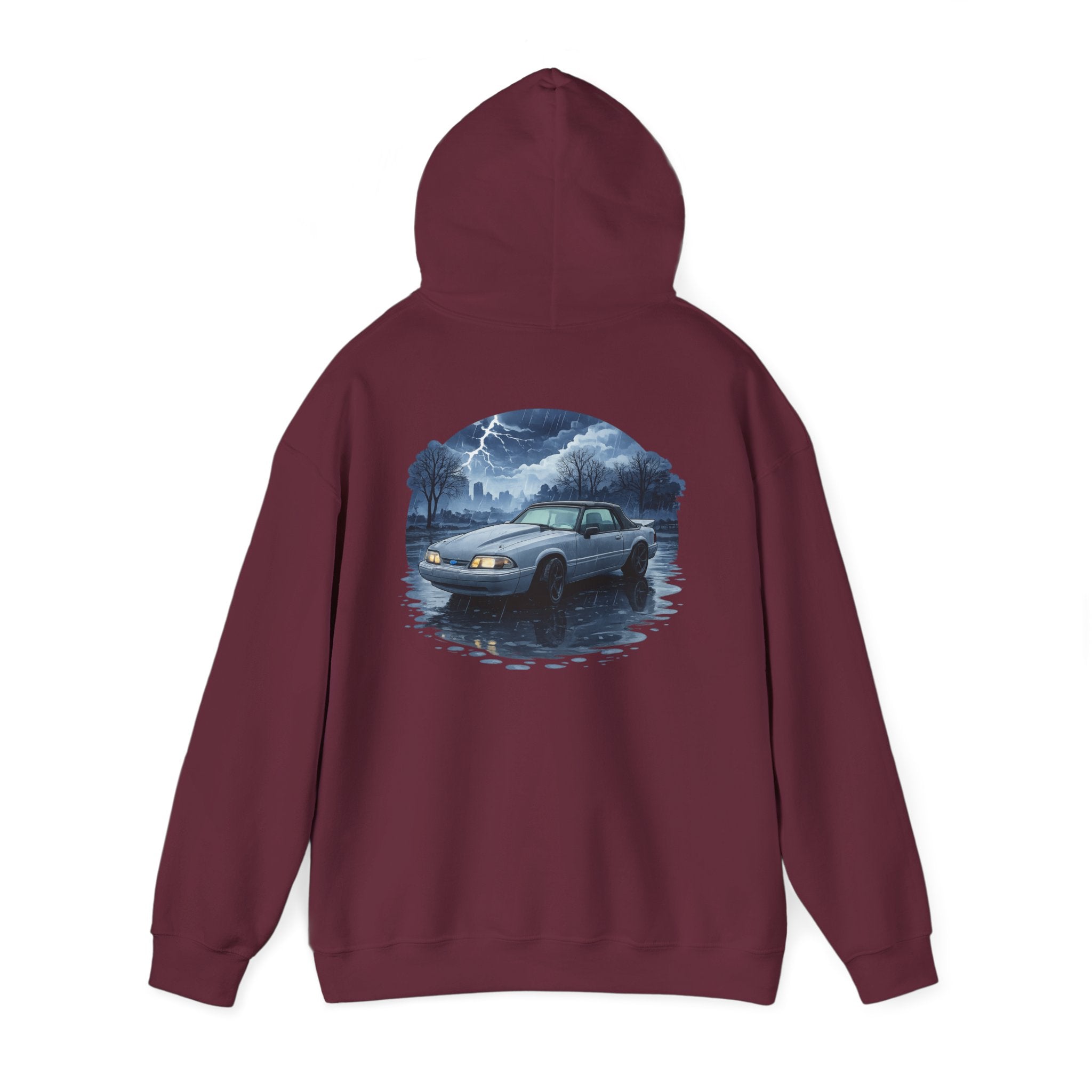 Hoodie - Retro Night Drive Mustang Hoodie (Vintage Car, Moonlit Lakeside Scene)