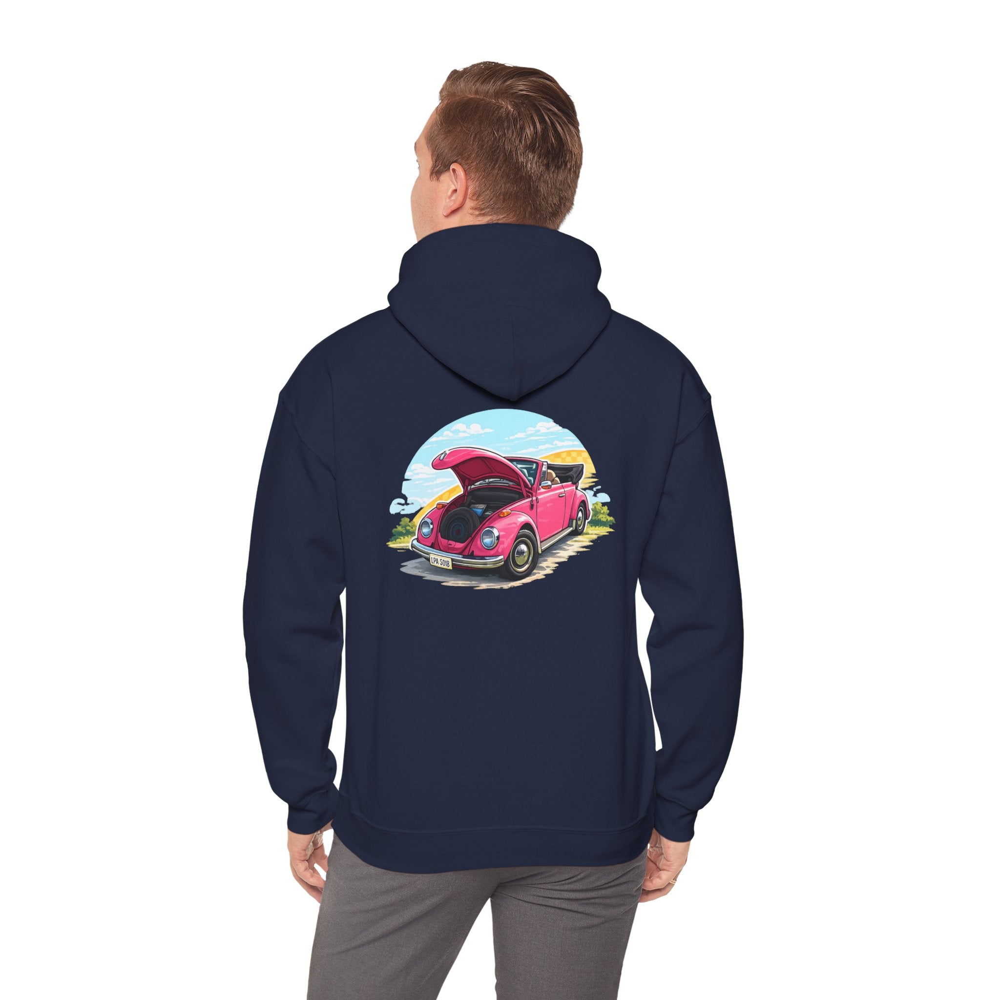 Vintage Pink Beetle Hoodie – Retro VW Bug Illustration Sweatshirt