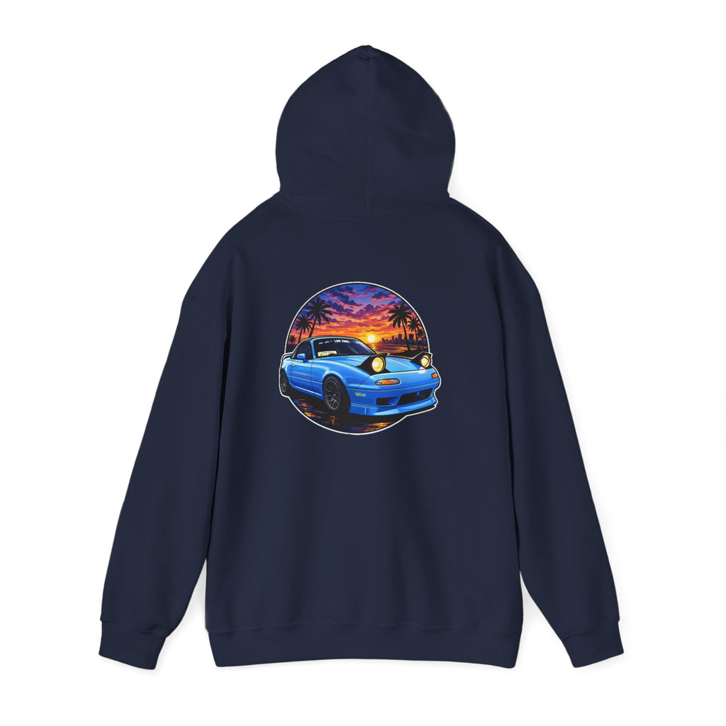 Sunset Skyline Miata Hoodie – Retro Blue Sports Car Graphic Sweatshirt