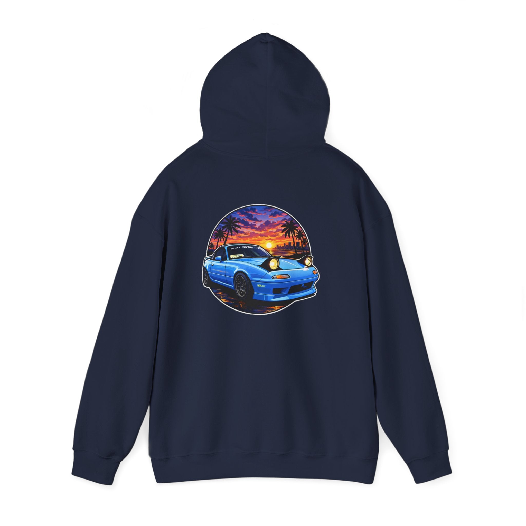 Sunset Skyline Miata Hoodie – Retro Blue Sports Car Graphic Sweatshirt