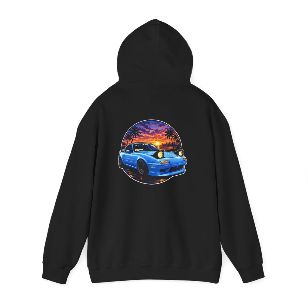 Sunset Skyline Miata Hoodie – Retro Blue Sports Car Graphic Sweatshirt
