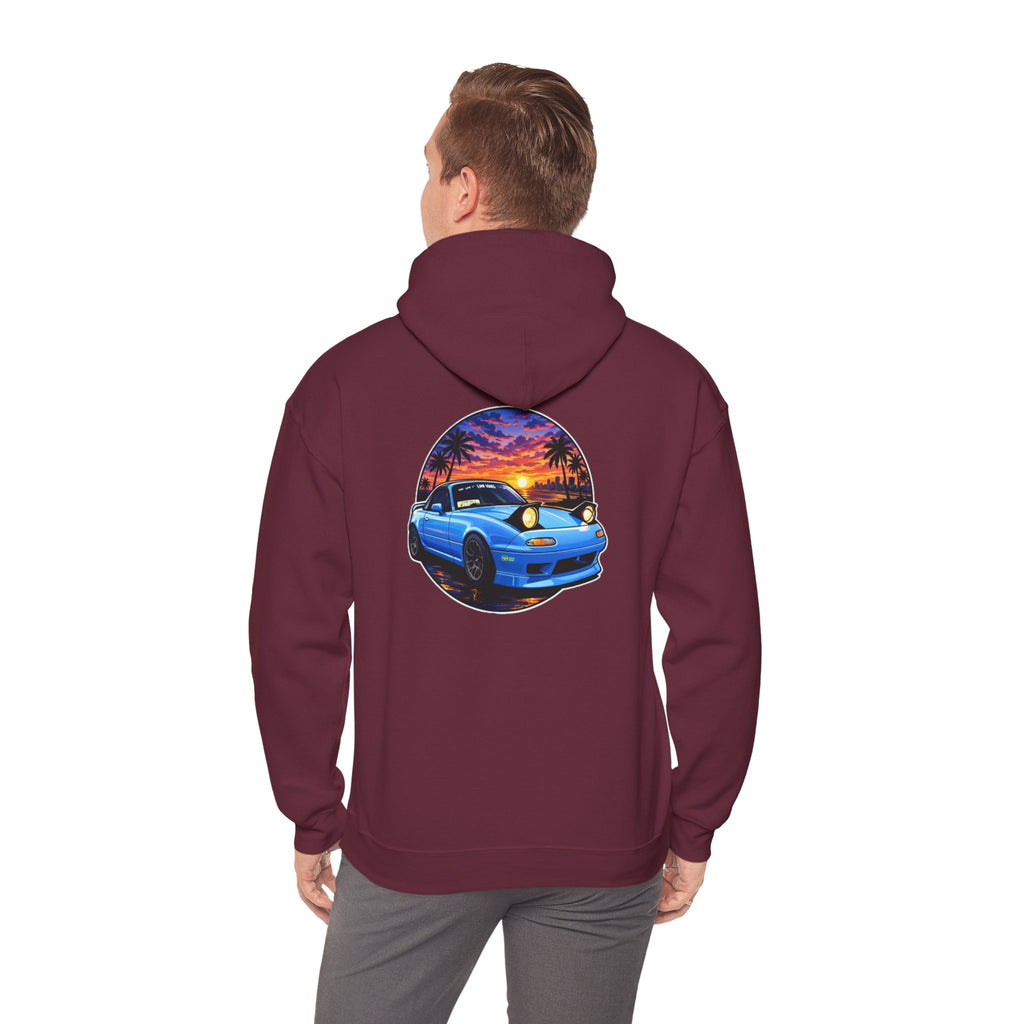 Sunset Skyline Miata Hoodie – Retro Blue Sports Car Graphic Sweatshirt