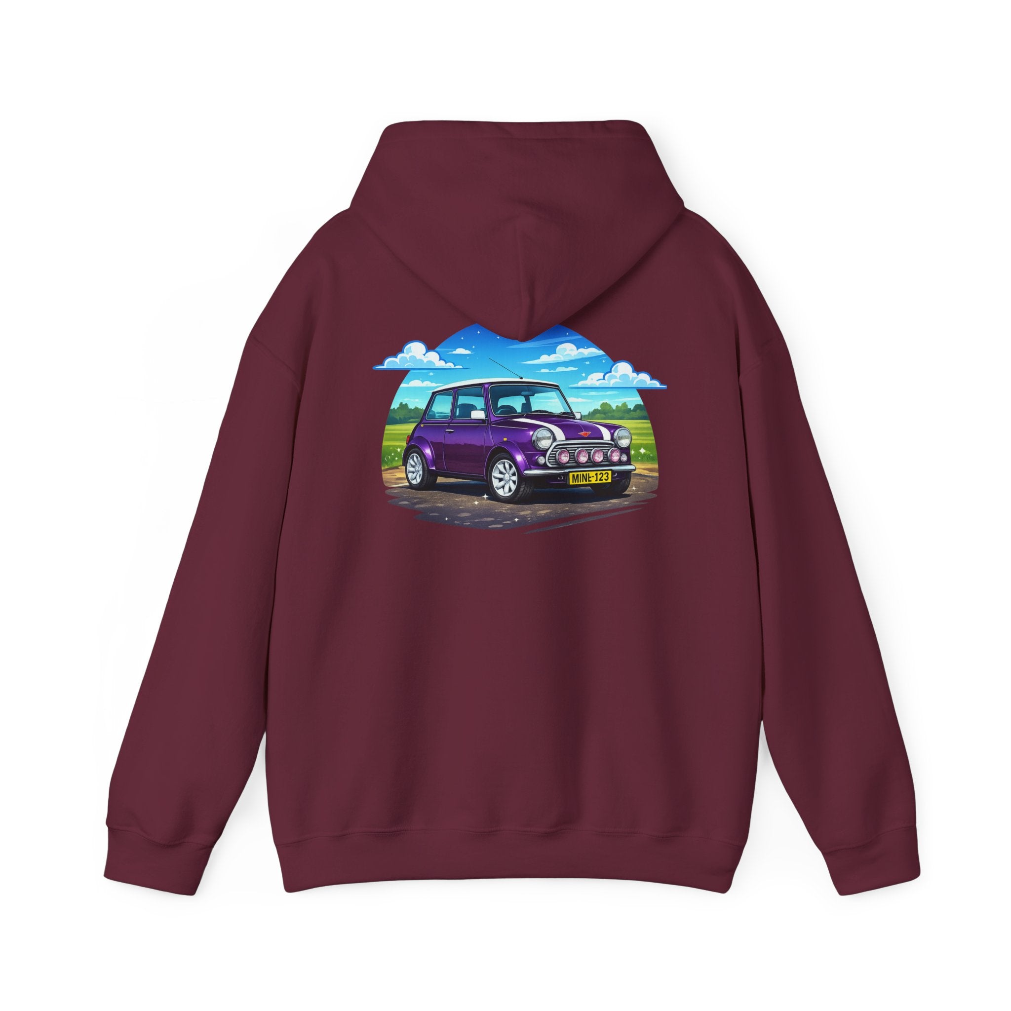 Classic Mini Cooper Hoodie — Retro Purple Car Graphic Pullover
