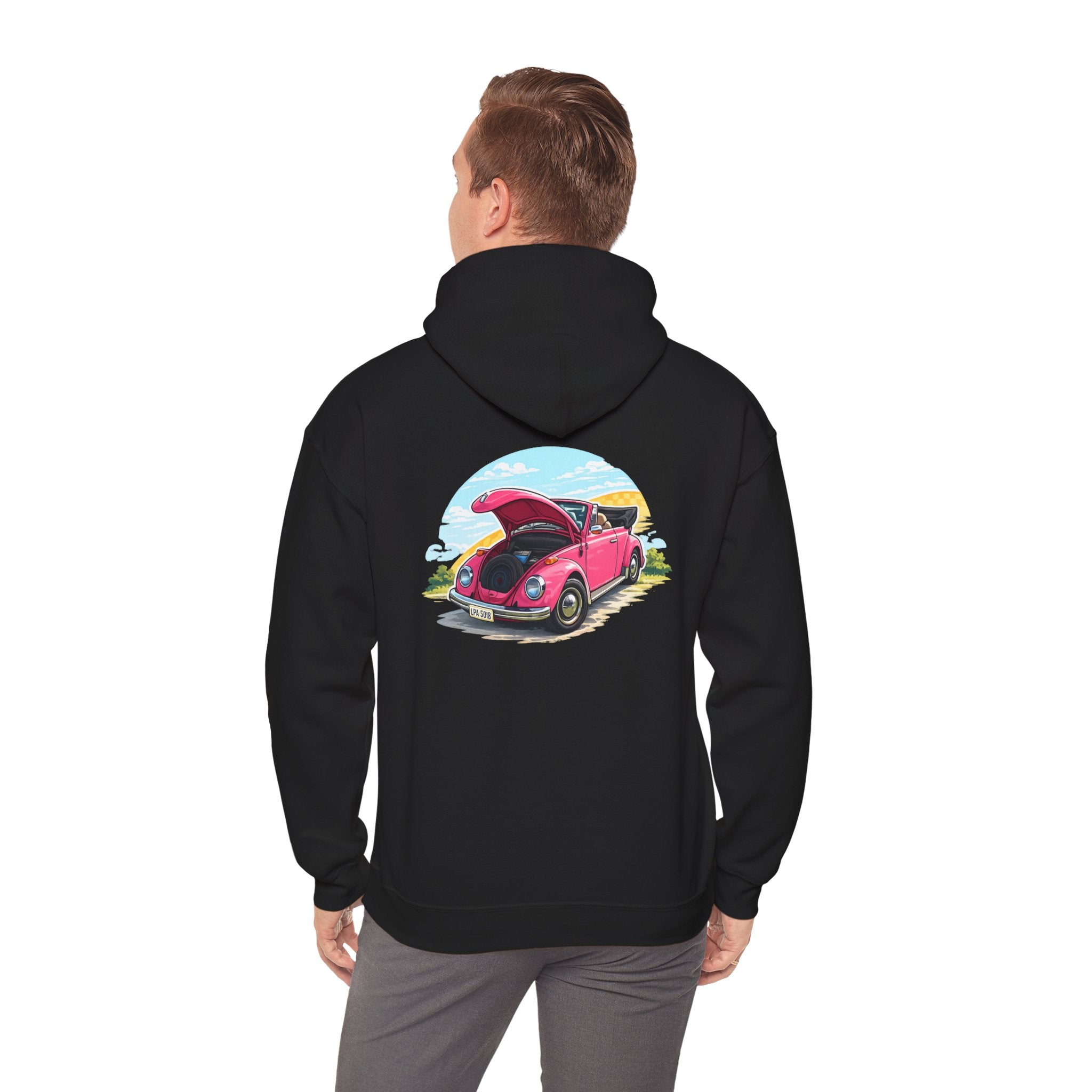 Vintage Pink Beetle Hoodie – Retro VW Bug Illustration Sweatshirt