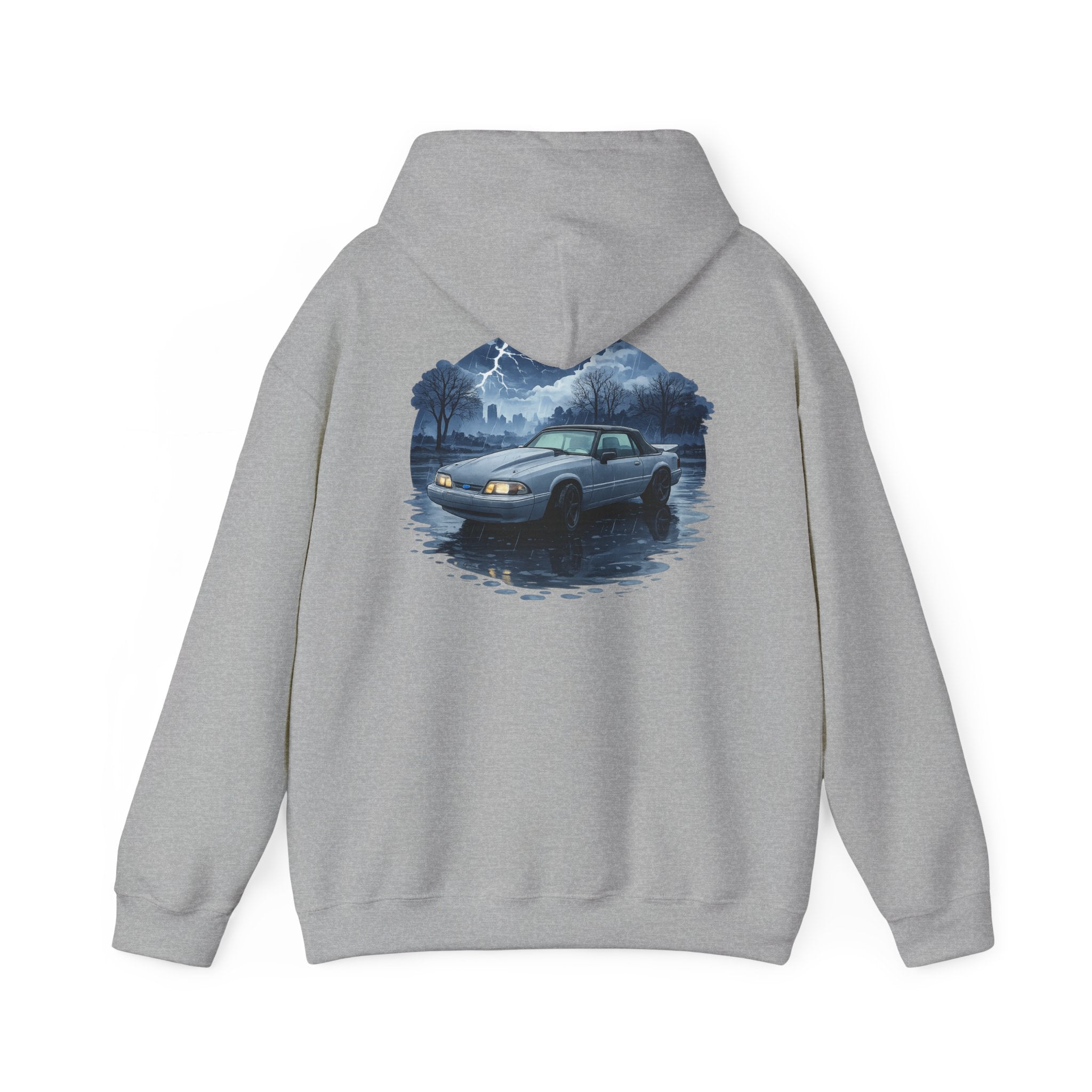Hoodie - Retro Night Drive Mustang Hoodie (Vintage Car, Moonlit Lakeside Scene)