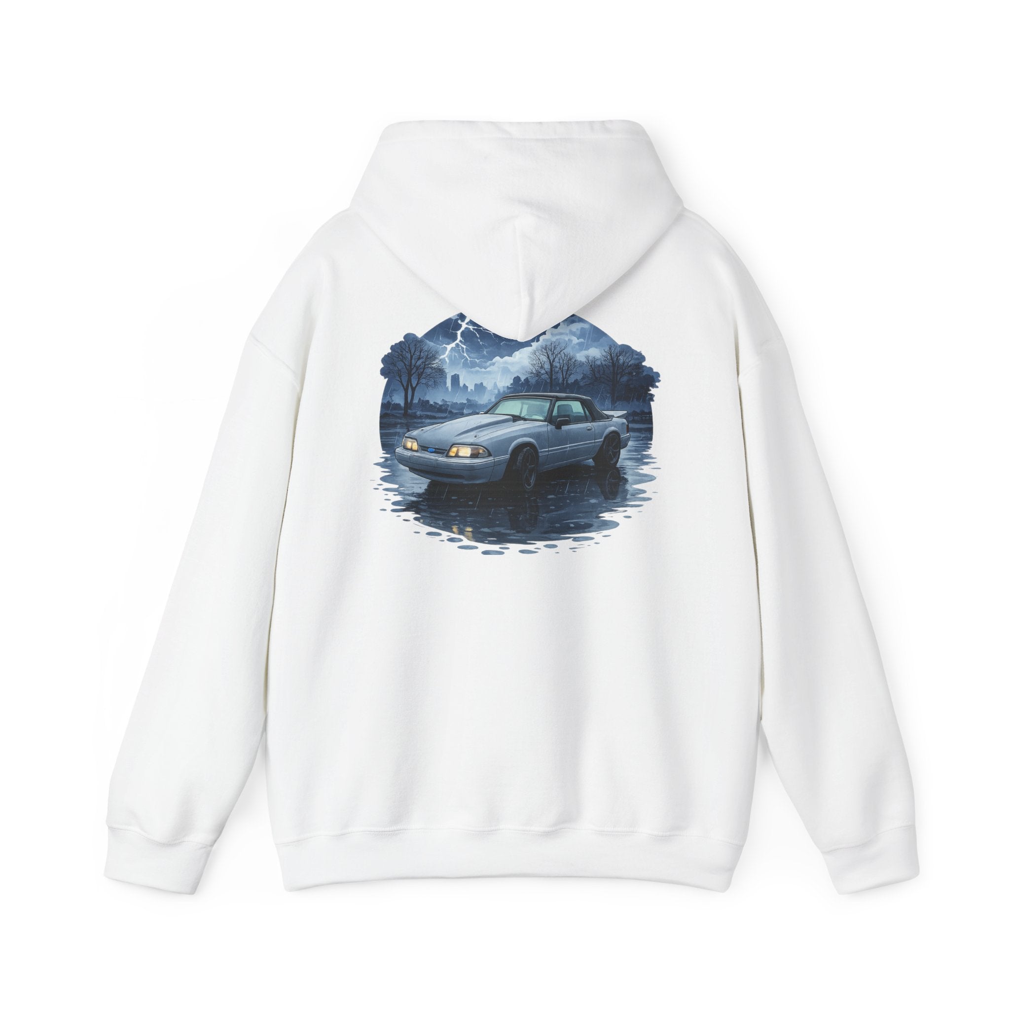 Hoodie - Retro Night Drive Mustang Hoodie (Vintage Car, Moonlit Lakeside Scene)
